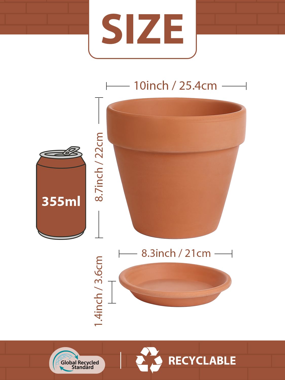 INGOFIN Terracotta Pot with Saucer - 10 Inch Ceramic Clay Pot for Plants with Drainage Hole, Large Terra Cotta Flower Planter with Tray for Indoor Outdoor Plants