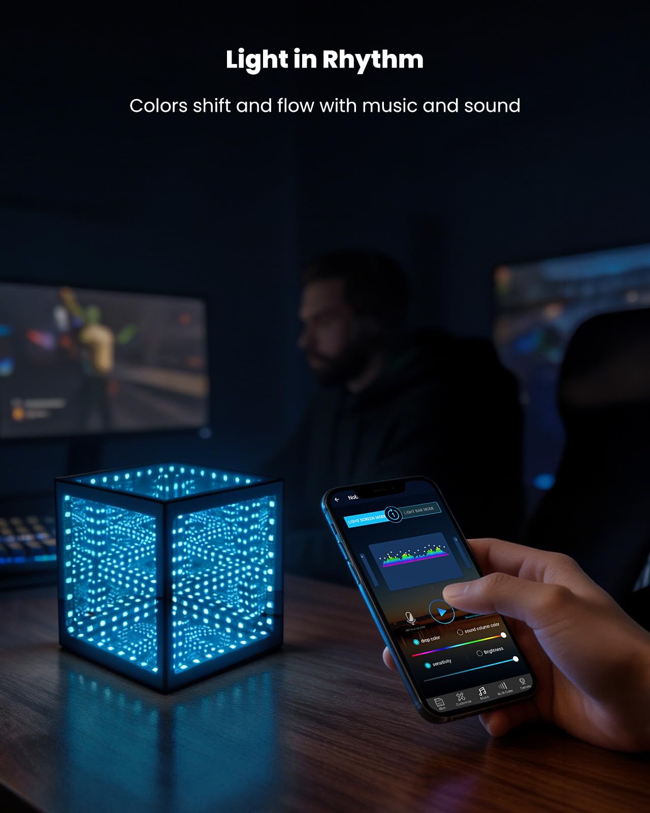 Nobiggie Infinity Mirror Cube Ambient Lighting, 3D Deep Space RGB LED Mood Light with Music Rhythm Sync, Futuristic Hypercube Decor for Home, Bedroom & Living Room (Space Black, Plus - 6 Inch)