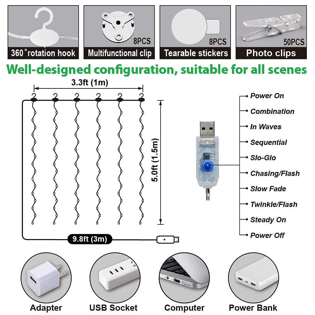 ZSJWL 3.3×5ft Short Curtain Lights with 8 Hook for Small Windows, 96 LED Warm White Photo Clips String Light with 52 Clear Clips, Remote Control 8 Modes USB Fairy Lights for Bedroom, Party, Wall