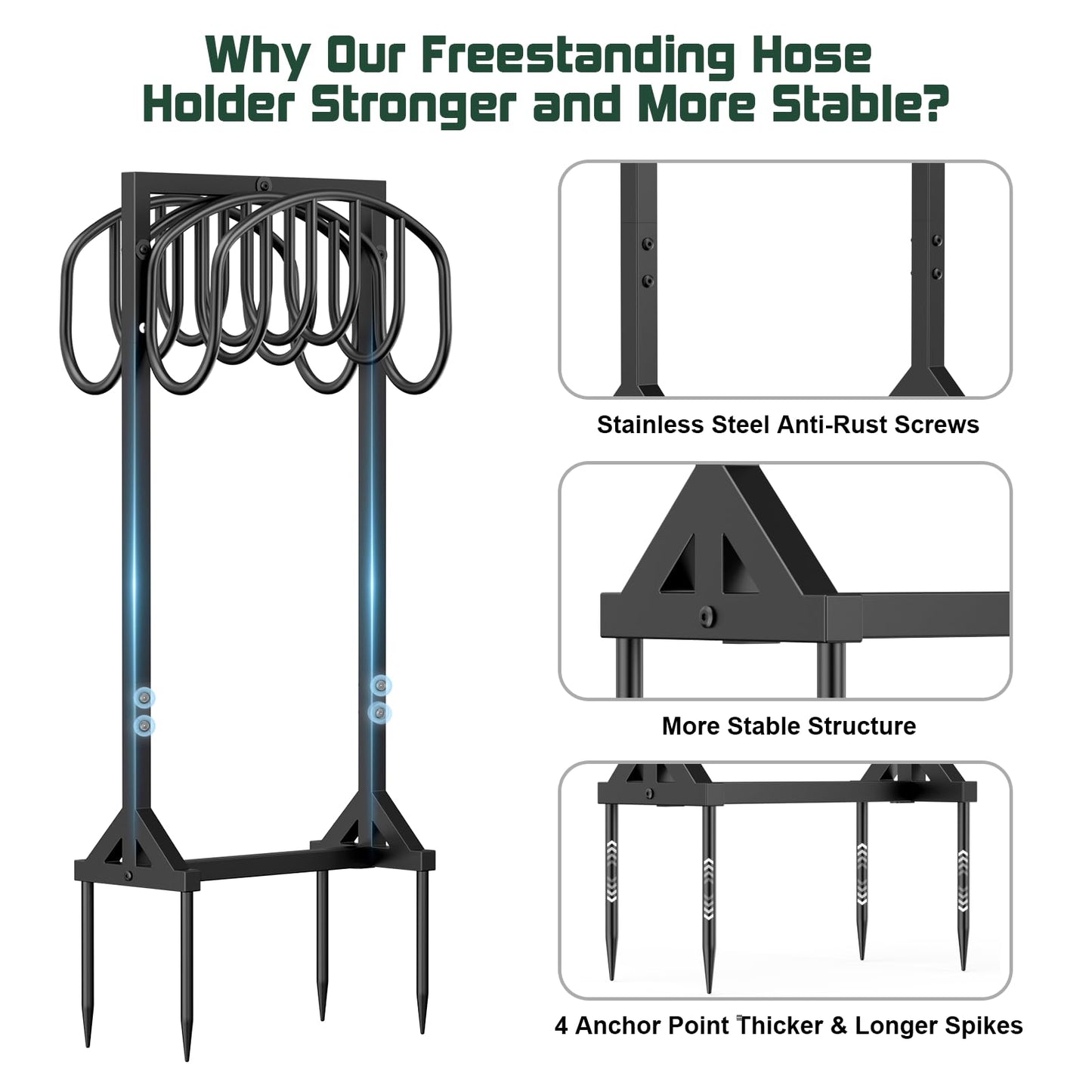 Garden Hose Holder Holds 2 x 151FT Hoses, Heavy-Duty Metal Freestanding Hose Stand Hanger with Stable Base, Rustproof Water Hose Holders for Outside Yard Lawn Farm, Black