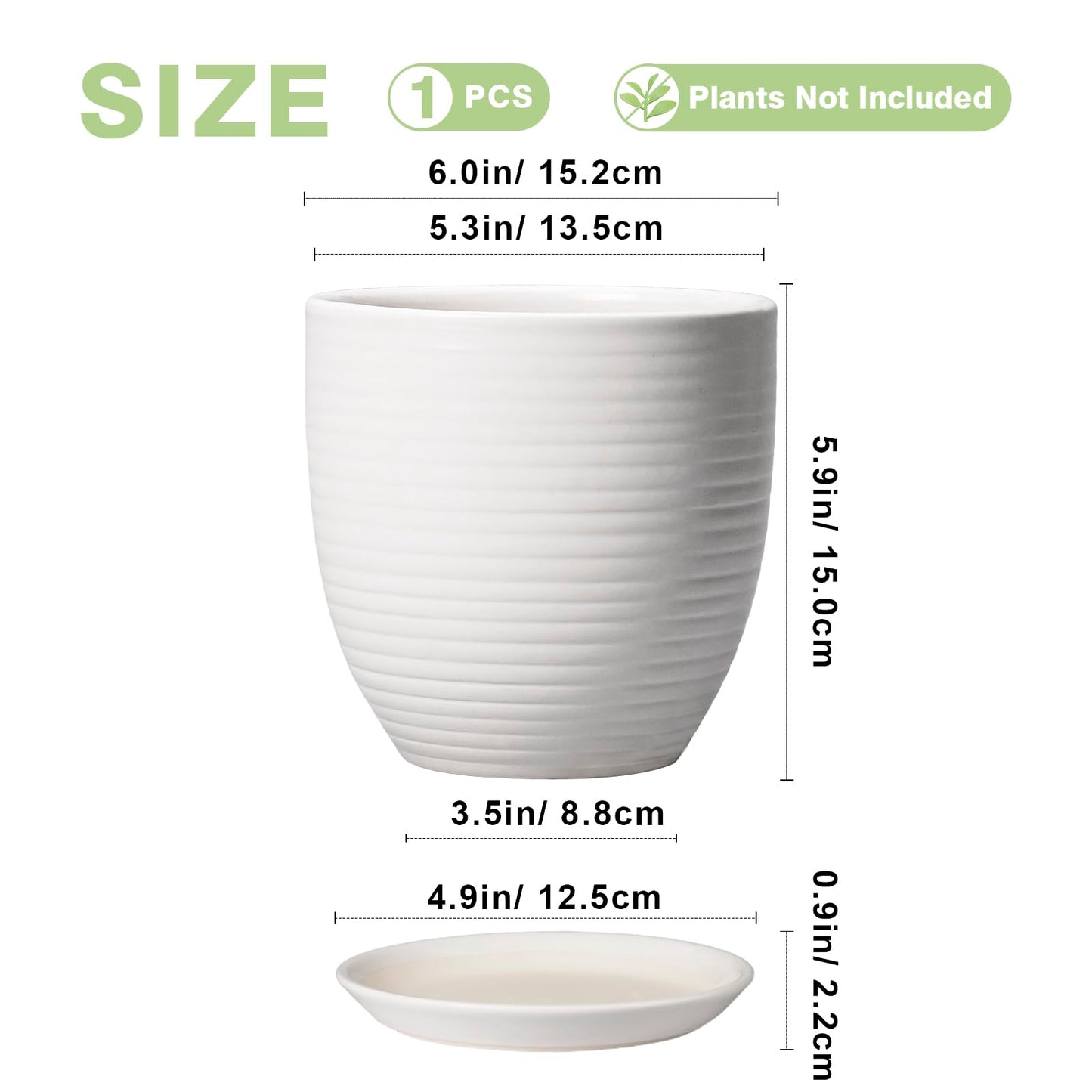EPFamily Ceramic Pots for Plants - 6 Inch Plant Pot with Drainage Hole and Saucer, Round Planters for Indoor Outdoor, Flower Pots, Modern Planter, Home Office Room Decor, Gifts for Plant Lovers, White