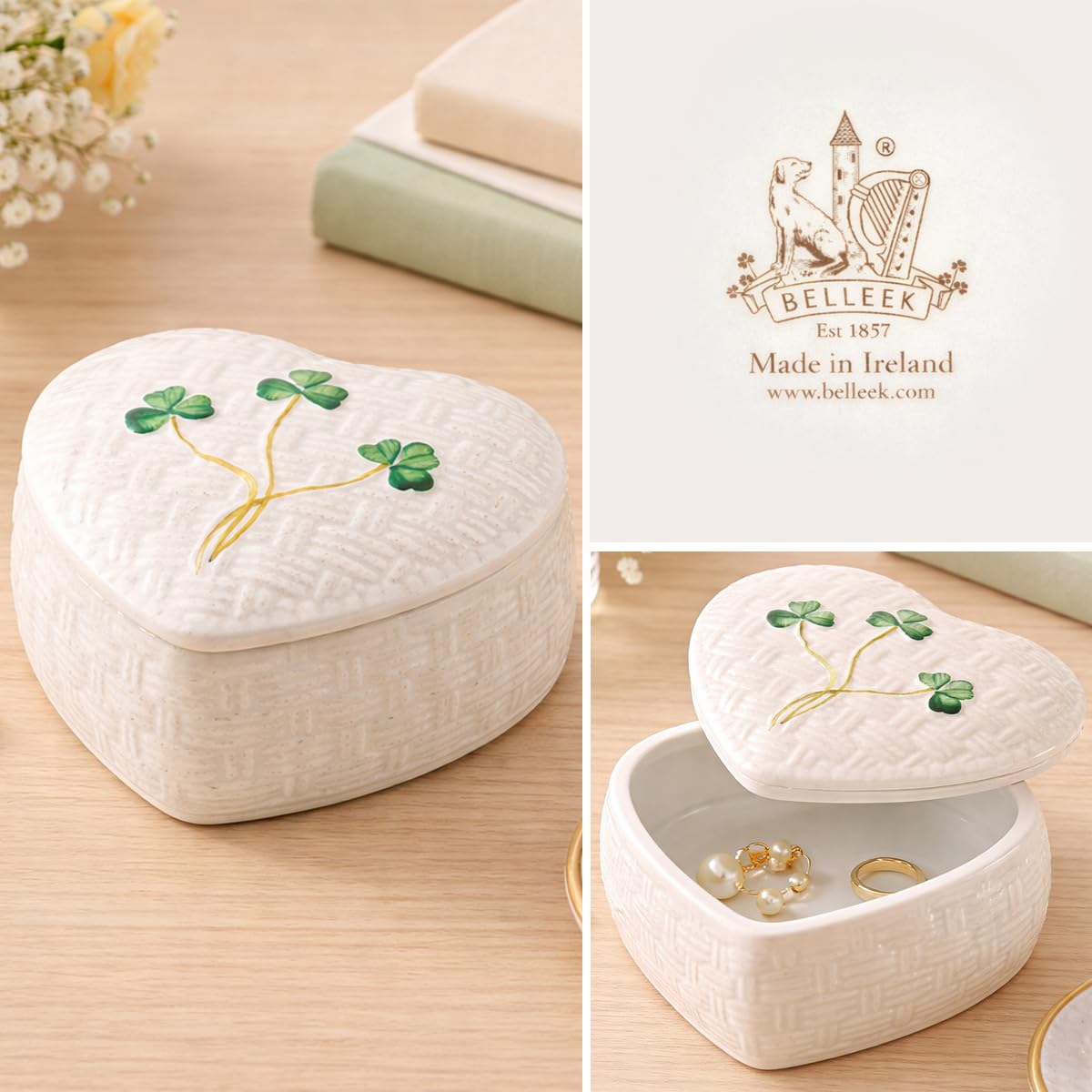 Belleek Kylemore Small Trinket Box - Handcrafted Decorative Storage - Porcelain Shamrock Irish Decor, 3.3 x 4.4 Inches, White