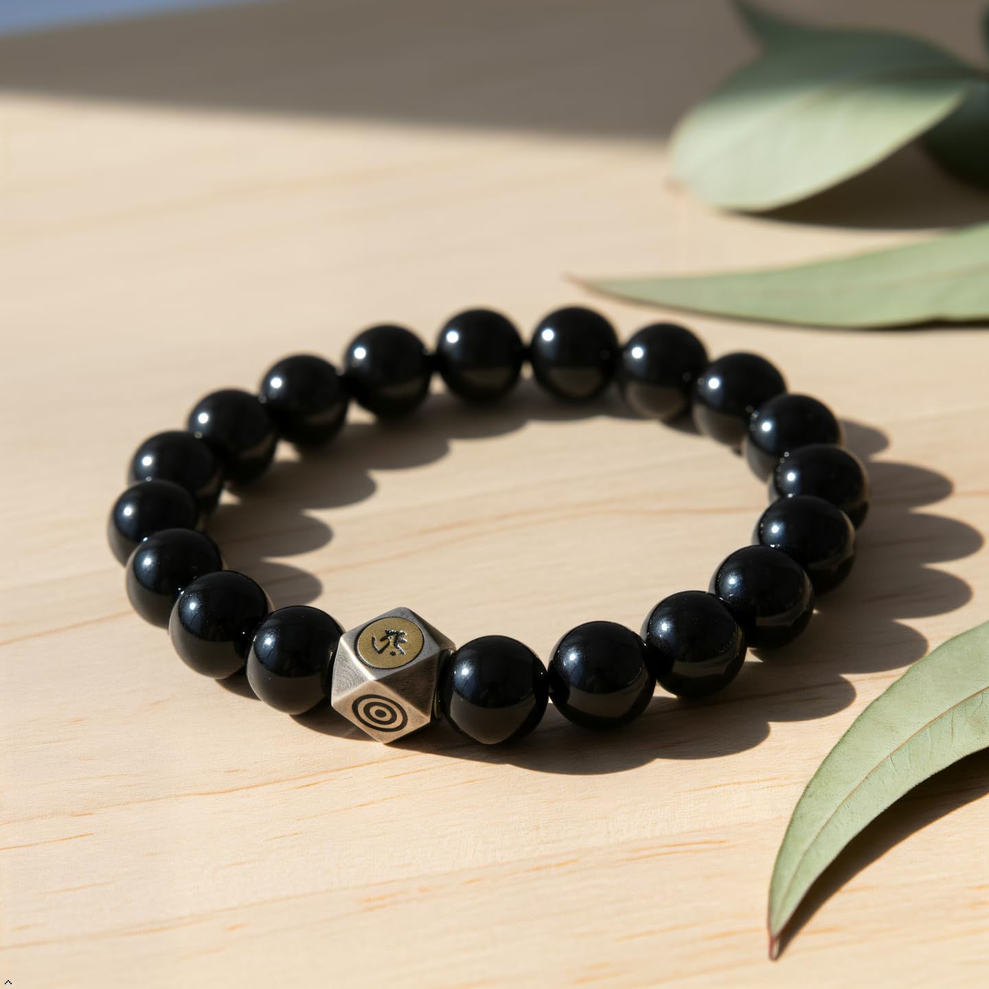 FAIRY CONCEPT Natural Black Obsidian Beaded Bracelet with Metal Charm, Polished Stone Beads, Elastic Stretch Design, Unisex Protection Jewelry