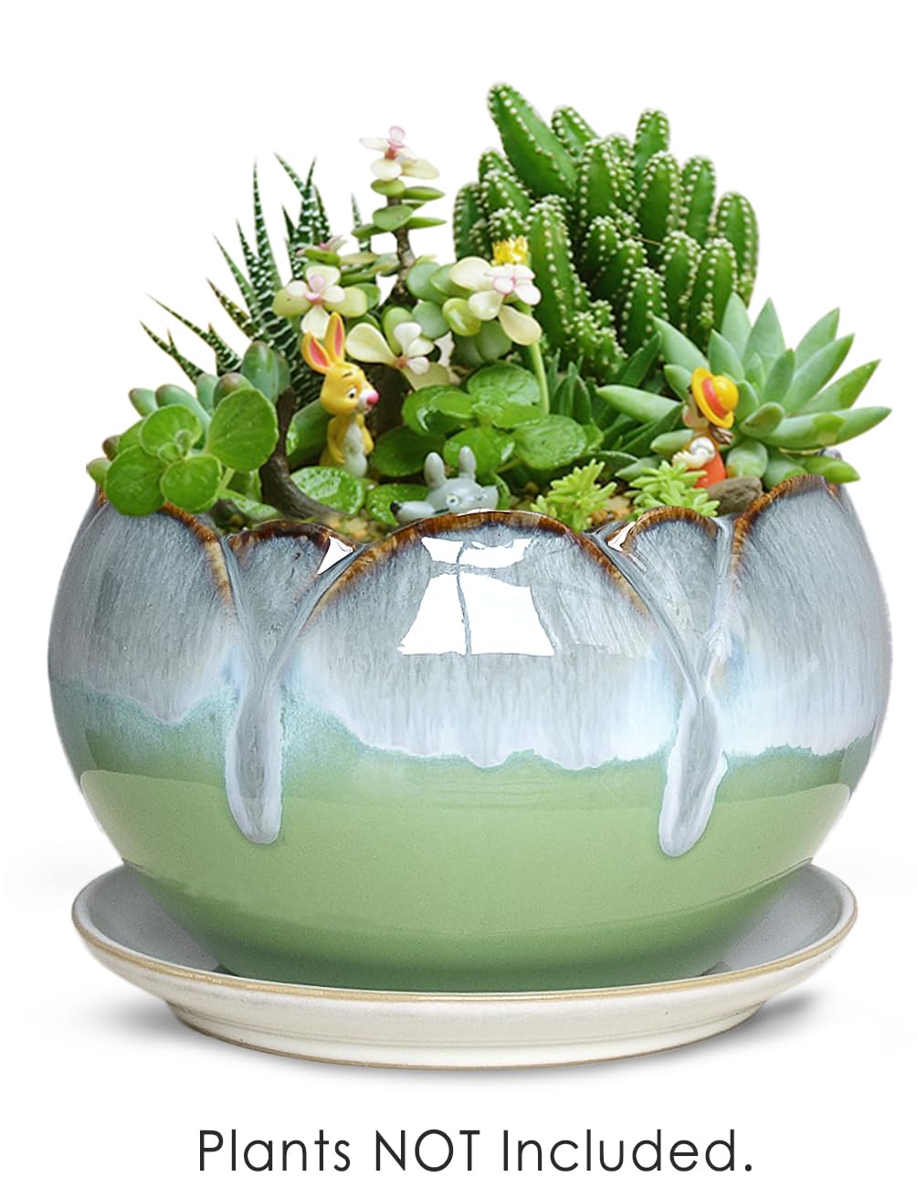 Dahlia 5.5'' Inch Rustic Drip Glazed Ceramic Planter/Succulent Pot/Plant Pot w. Saucer/Tray, Green
