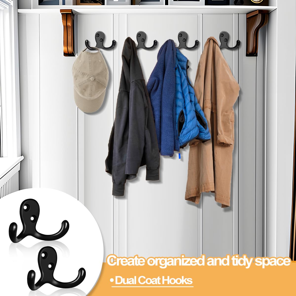 CBWLWJ 10 Pack Coat Hooks Wall Hooks for Hanging, Heavy Duty Double Prong Metal Hook Wall Mounted for Living Room, Bathroom, Kitchen, Bedroom for Coat, Bag, Scarf, Towel, Hat, Key, Cup (Black)