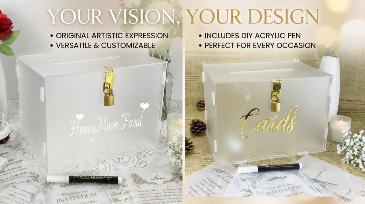 FCDECOR 11" Acrylic Wedding Card Box with Lock, Frosted Gift Card Box for Wedding Decorations for Reception, Honeymoon Fund Money Box for Bridal Shower Decorations Party Reception Anniversary