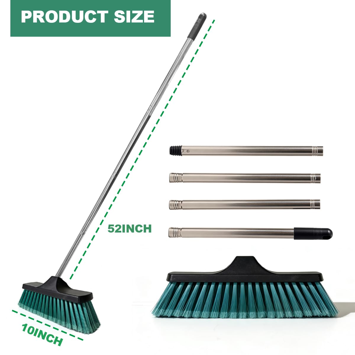Xifando Small Floor Scrub Brush with 4-Section Stainless Steel Handle, 52" Adjustable Long Handle, 5-Row Dense Flagged Bristles, for Tile, Bathroom, Patio, Indoor & Outdoor Cleaning (Black+Green)