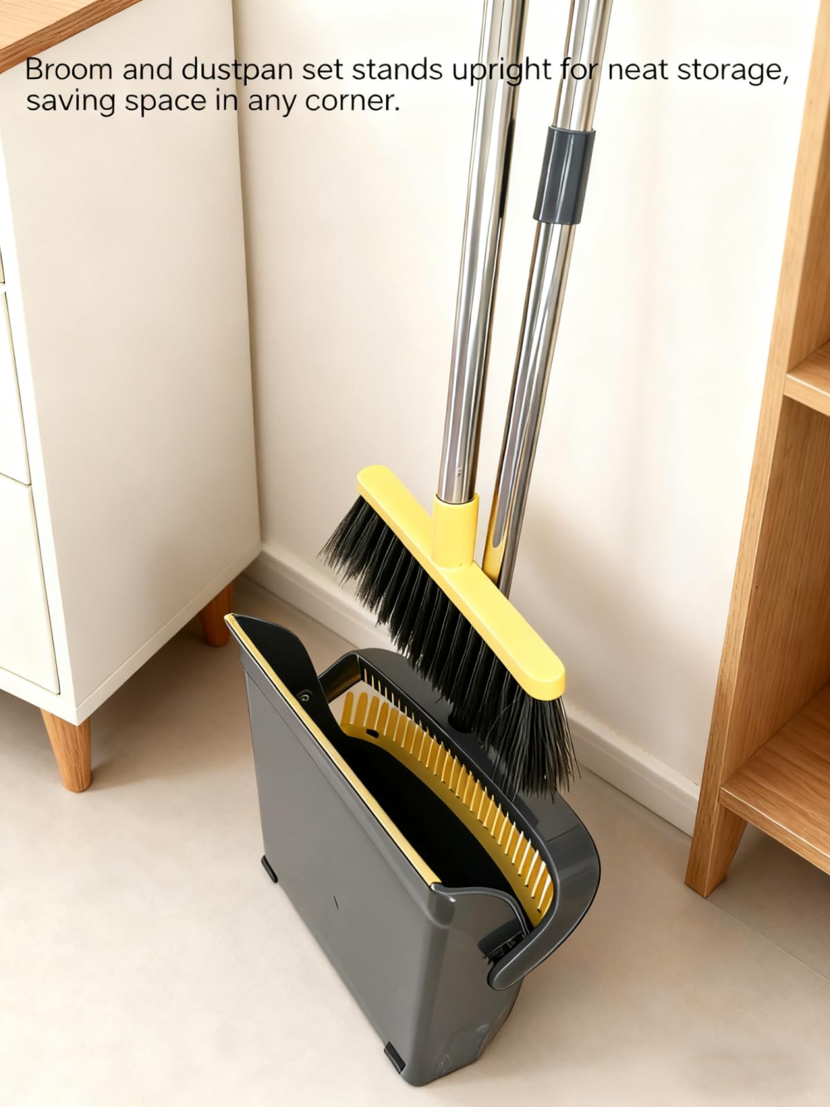Broom and Dustpan Set with Long Handle - Upright Dustpan & 3 Rows Dense Bristles, Ideal for Home, Office, Kitchen, Lobby, Shop, All-Purpose Indoor & Outdoor Sweeping,Gray&Yellow