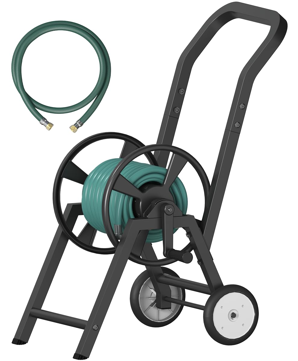 Artigarden Garden Hose Reel Cart with Wheels, Holds 165 ft of 5/8’’ Hose Outdoor Heavy Duty Powder-coated Steel Water Storage Holder Rack with 3.9 Ft Leader Hose for Outside Lawn Yard, Black