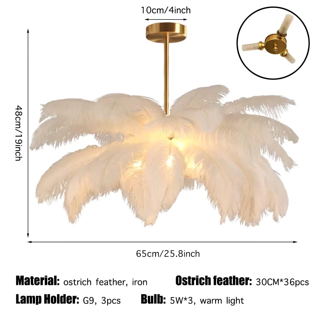 GUANSHAN White Ostrich Feather Pendent Light - Feather Ceiling Light & Chandelier for Bedroom, Living Room