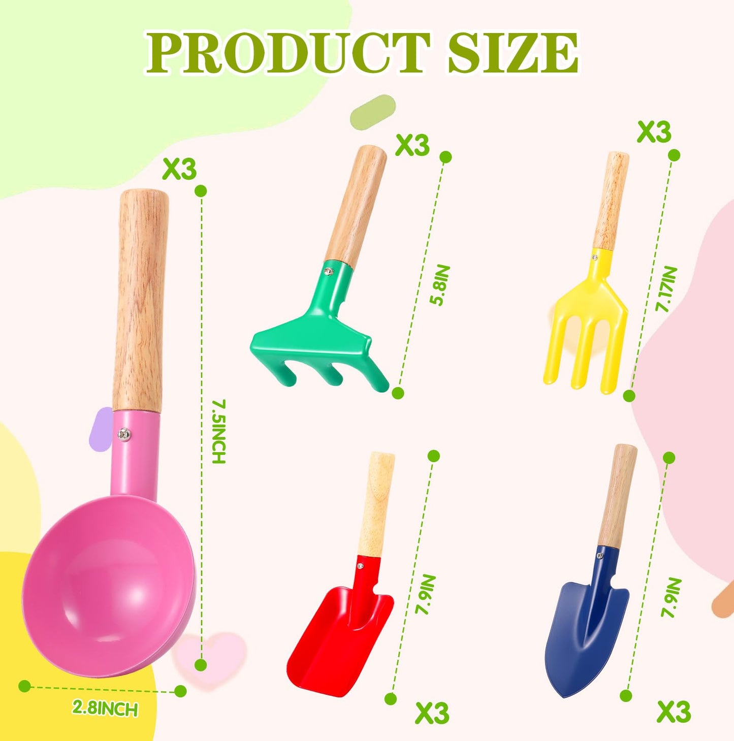 Motionchic 15 Pcs Children Beach Sand Toys Kids Gardening Tools Set Metal Including Shovel, Rake, Fork and Trowel, Summer Beach Sandbox Digging Toys with Wooden Handle Hoe for Kid Outdoor Gift