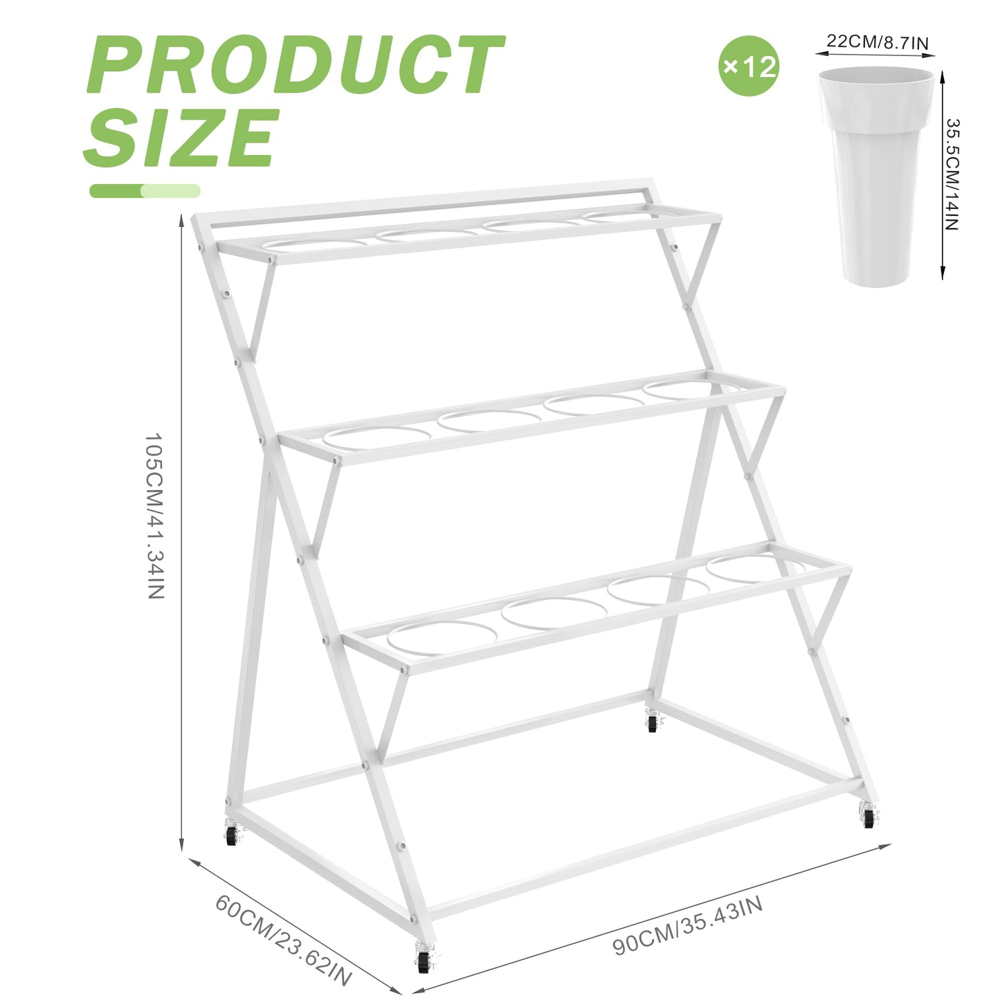VGMiu Flower Display Stand with 12 Buckets, White Flower Cart with Wheels 3 Layers Metal Flower Bar Stand Moving Flower Stand Florist Bouquet Shelf for Weddings Party Ceremony Indoor Outdoor Garden