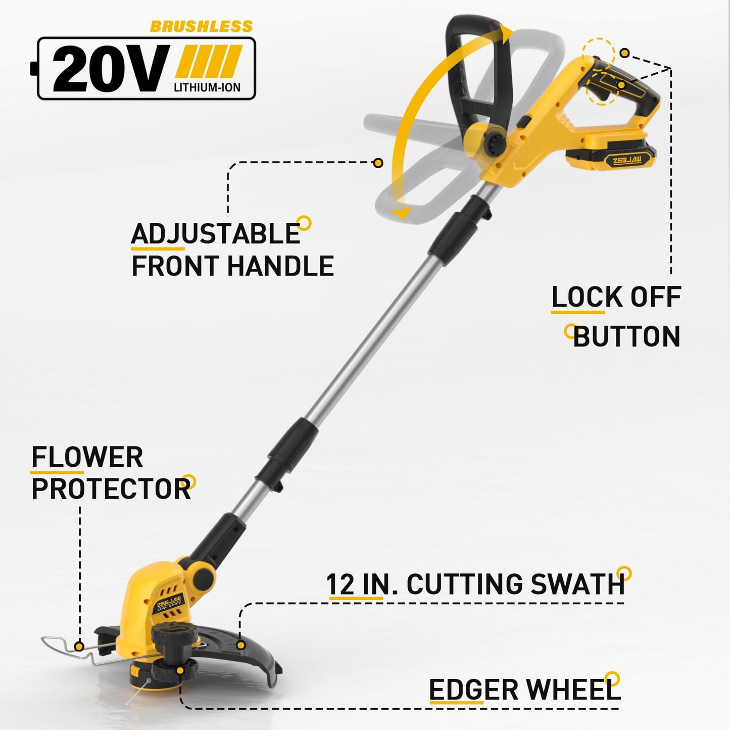 ZEGJAW 12 Inch 20V Cordless String Trimmer and Edger, 2-in-1 Weed Wacker Lawn Edger with 2x2.0Ah Battery and Charger, Battery Powered Grass Cutter with Auto Line Feed and 8pcs Line for Yard, Garden