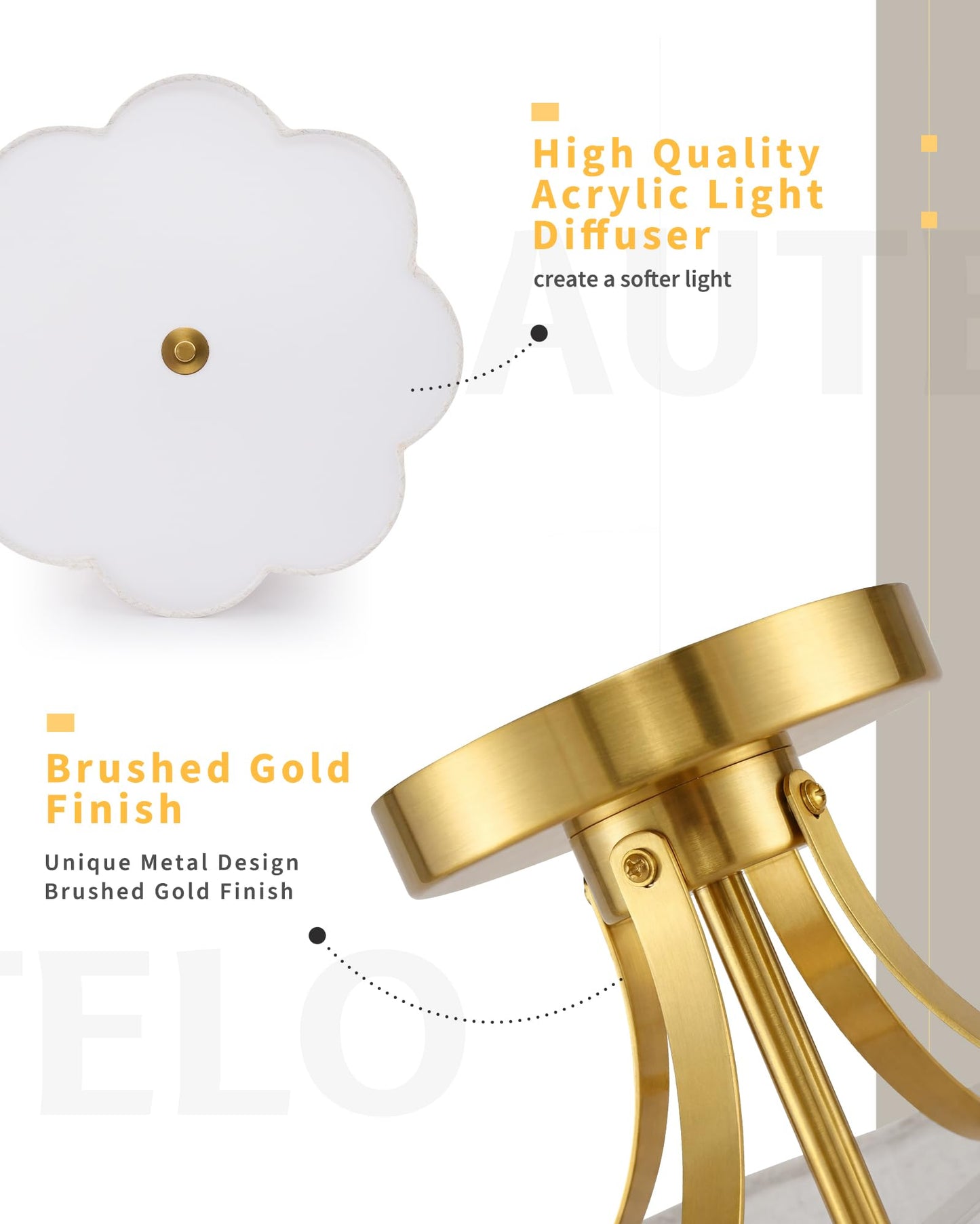AUTELO 12.6 Inch Semi Flush Mount Ceiling Light,3-Light Brushed Gold Modern Ceiling Light with Flower-Shaped White Fabric, Kitchen Ceiling Light for Bedroom Hallway, C2507 BGS-8