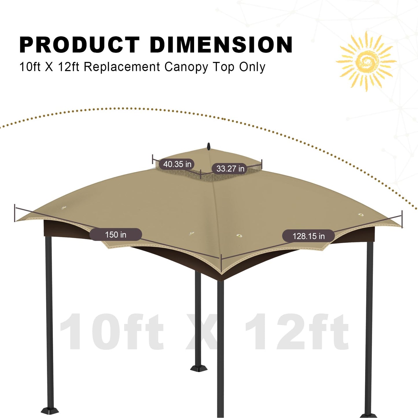 10x12 Replacement Gazebo Canopy Top Cover, Double Tiered Waterproof Canopy Roof for Lowe's Allen Roth Gazebo #GF-12S004B-1 (Khaki)