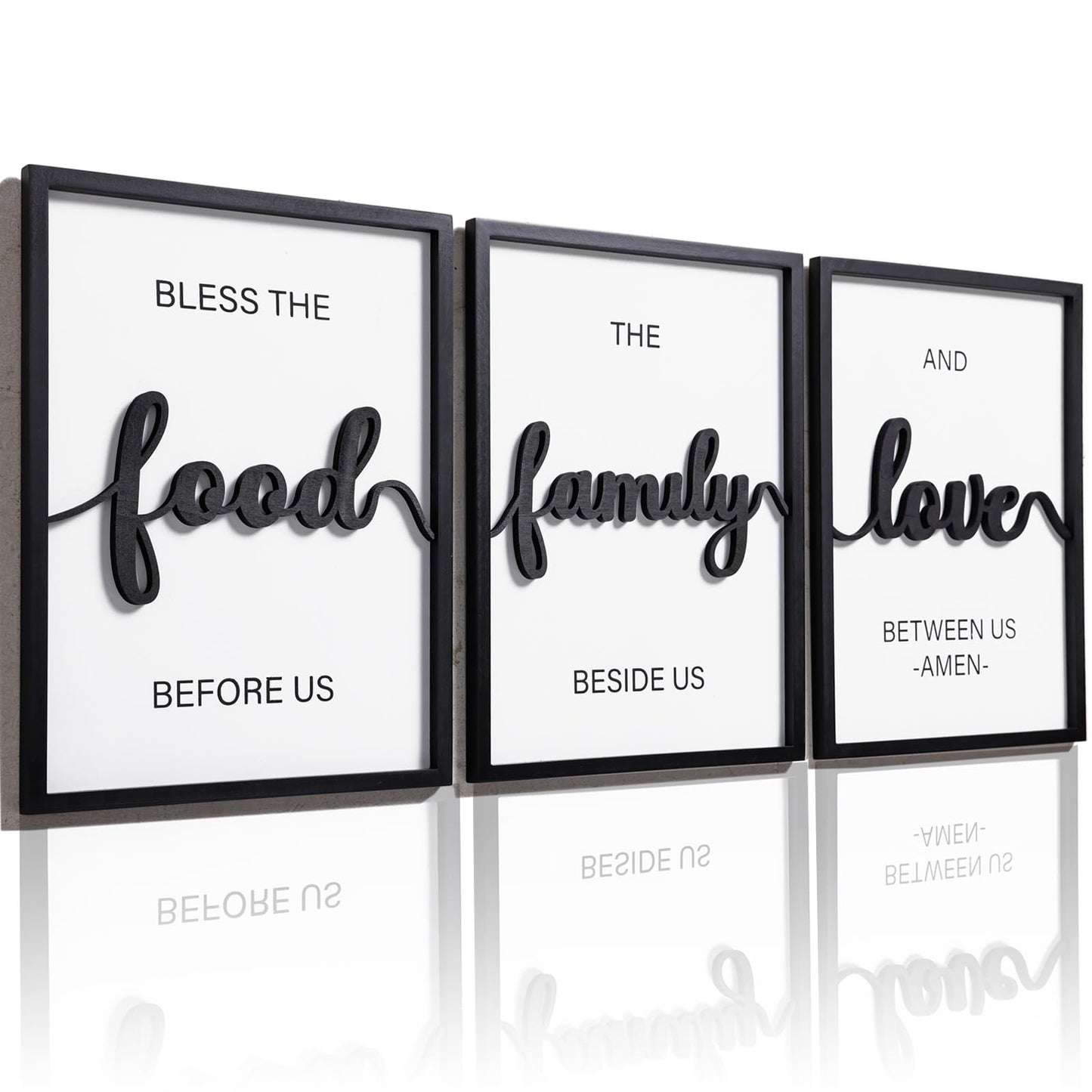 3D Wood Bless The Food Before Us Wall Decor, 36" x 16" Framed Kitchen Wall Art for Dining Room Wall Decor(Ready to Hang, 12x16 inches, Set of 3, Framed)