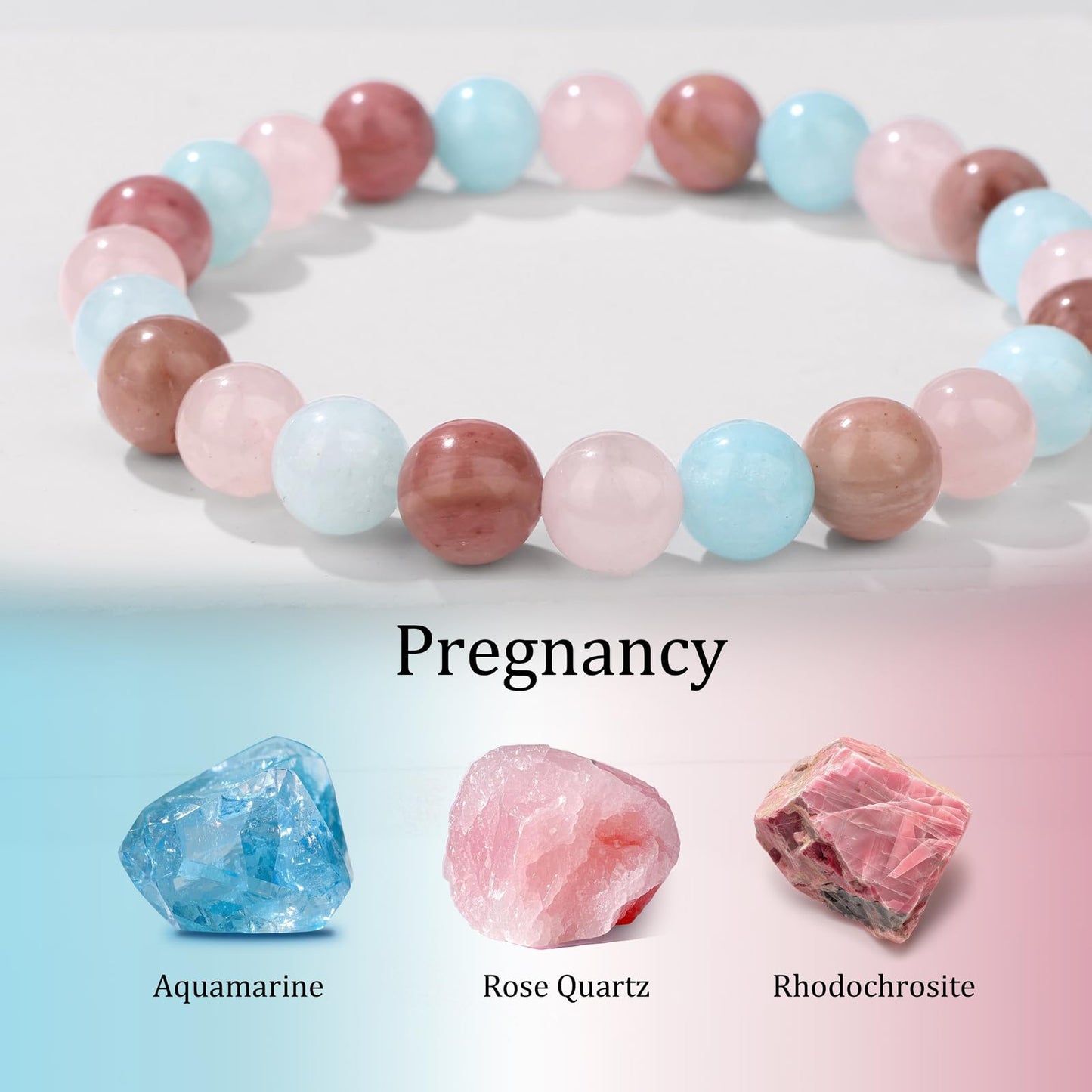 Bolinailo Healing Crystal Pregnancy Bracelet 8mm Crystal Beaded Bracelet for Women Men Natural Stones of Aquamarine, Rose Quartz and Rhodochrosite Handmade Gemstone Reiki Spiritual Jewelry Gifts