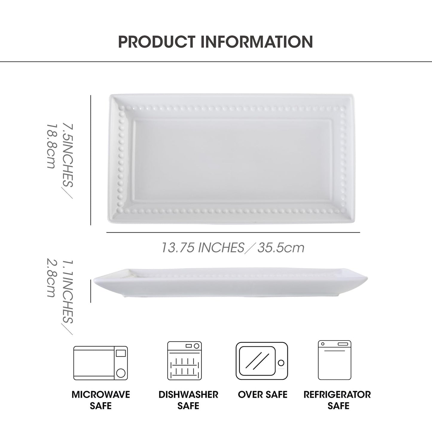 Feenmai 14 inch Ceramic Serving Platter - Rectangular Serving Trays Set of 4, Large Embossed Plates, Porcelain White Platters for Steak, Appetizer, Dessert, Tacos, Housewarming, Oven Dishwasher Safe
