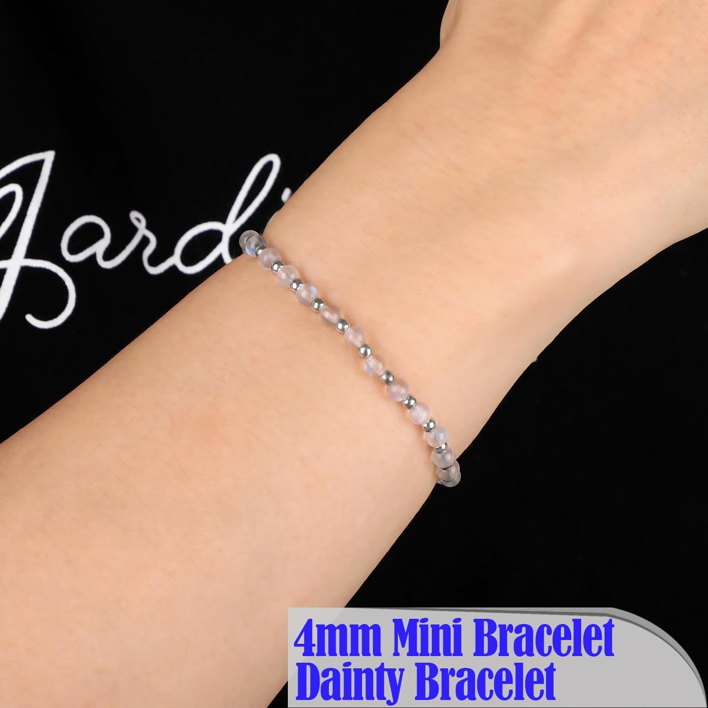 QOGIR Moonstone - New Beginnings - Stainless Silver Beads Natural Gemstone Stretch Elastic Dainty Healing Beaded Bracelets Gifts 4mm