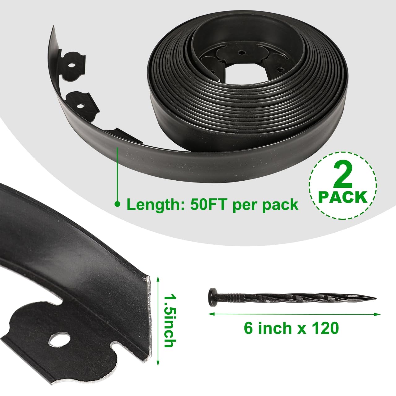 Hemikaki 1.5 Inch x 100FT Garden Edging Border, Plastic Edging for Landscaping with 120pcs Spikes