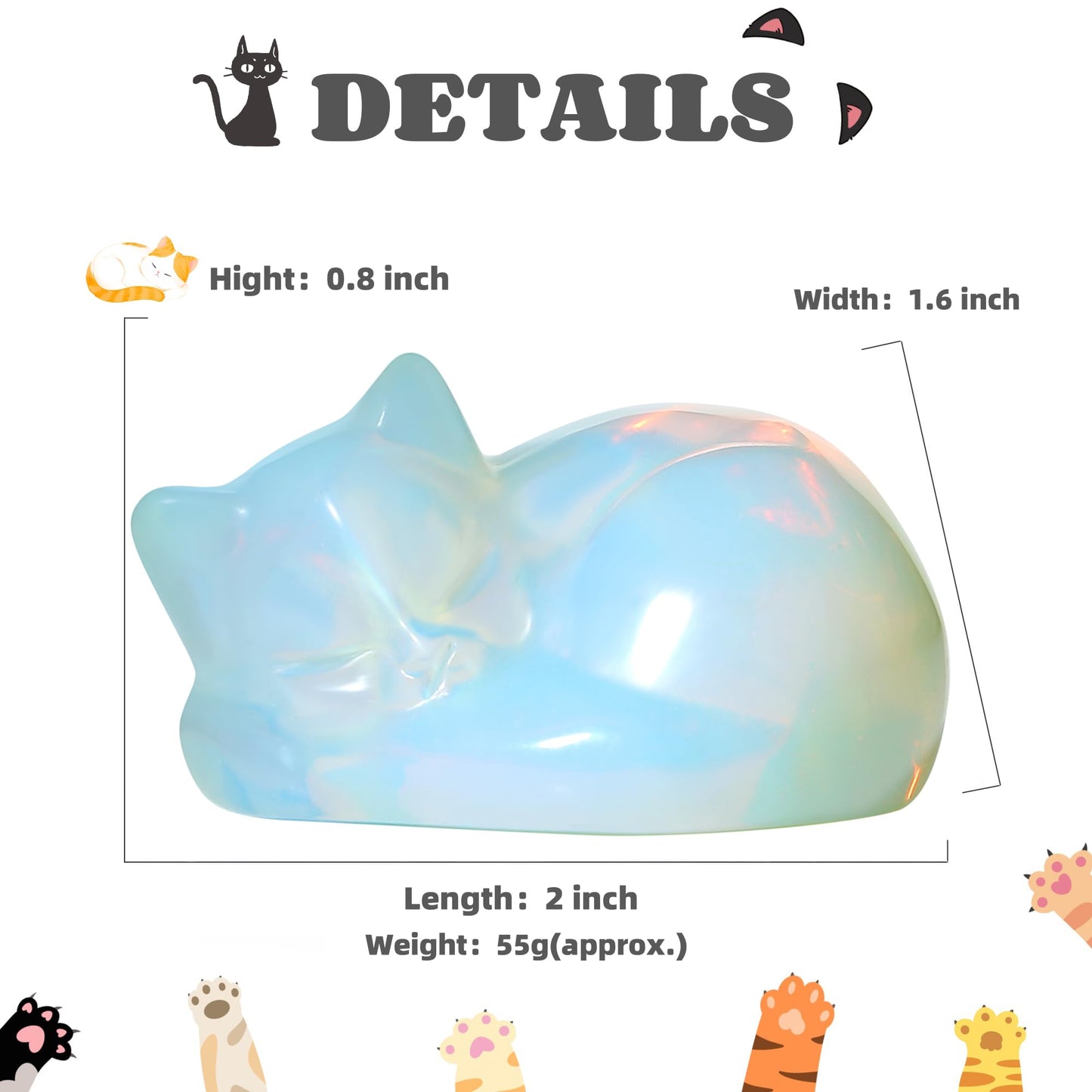 YATOJUZI 2" Cat Decors Statue Opal Moonstones Crystals Opalite Sleeping Cats Gemstone Hand-Carved Cute Animal Figurines Home Office Desk Decor Stocking Stuffers Cat Themed Ornaments Gifts for Women