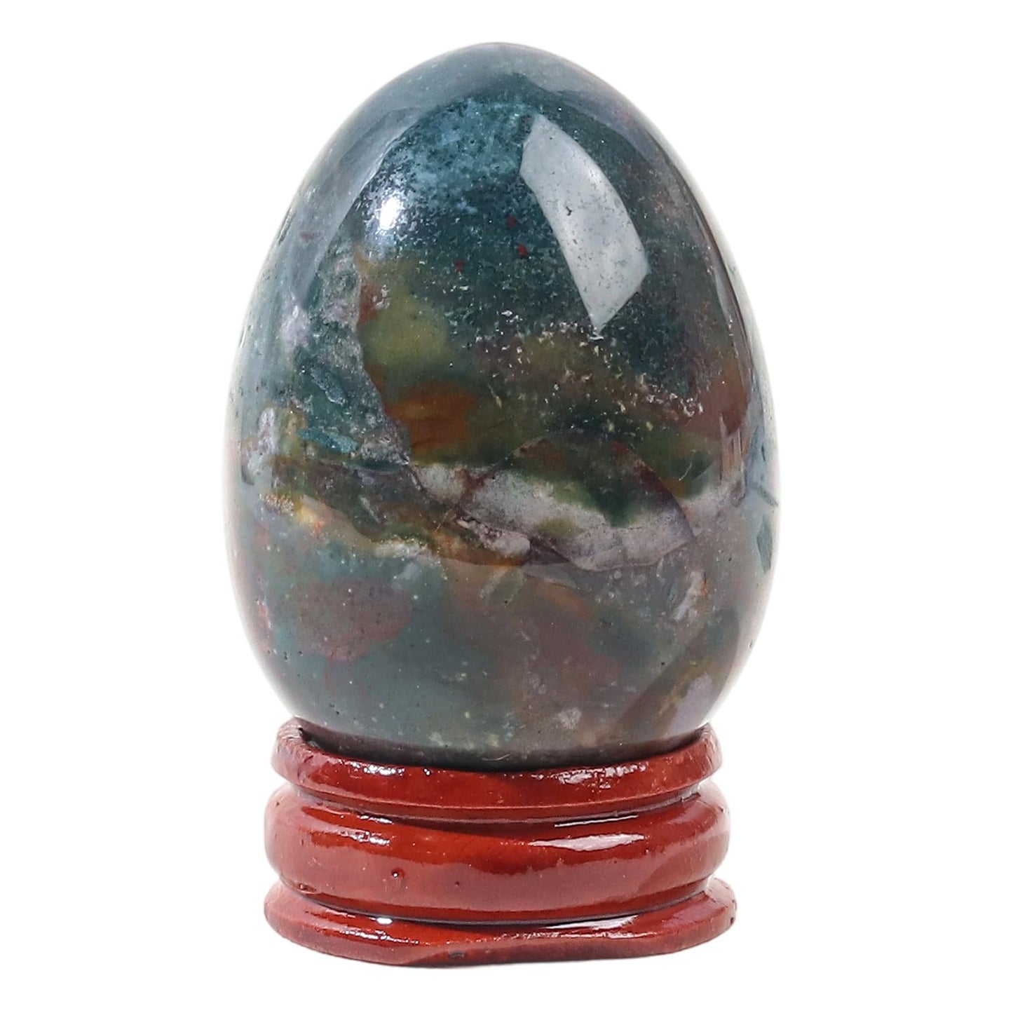 Casaper 2" Natural Ocean Jasper Egg with Wood Stand for Home Decoration, Polished Crystal Pocket Palm Sphere Fengshui Figurines Healing Reiki