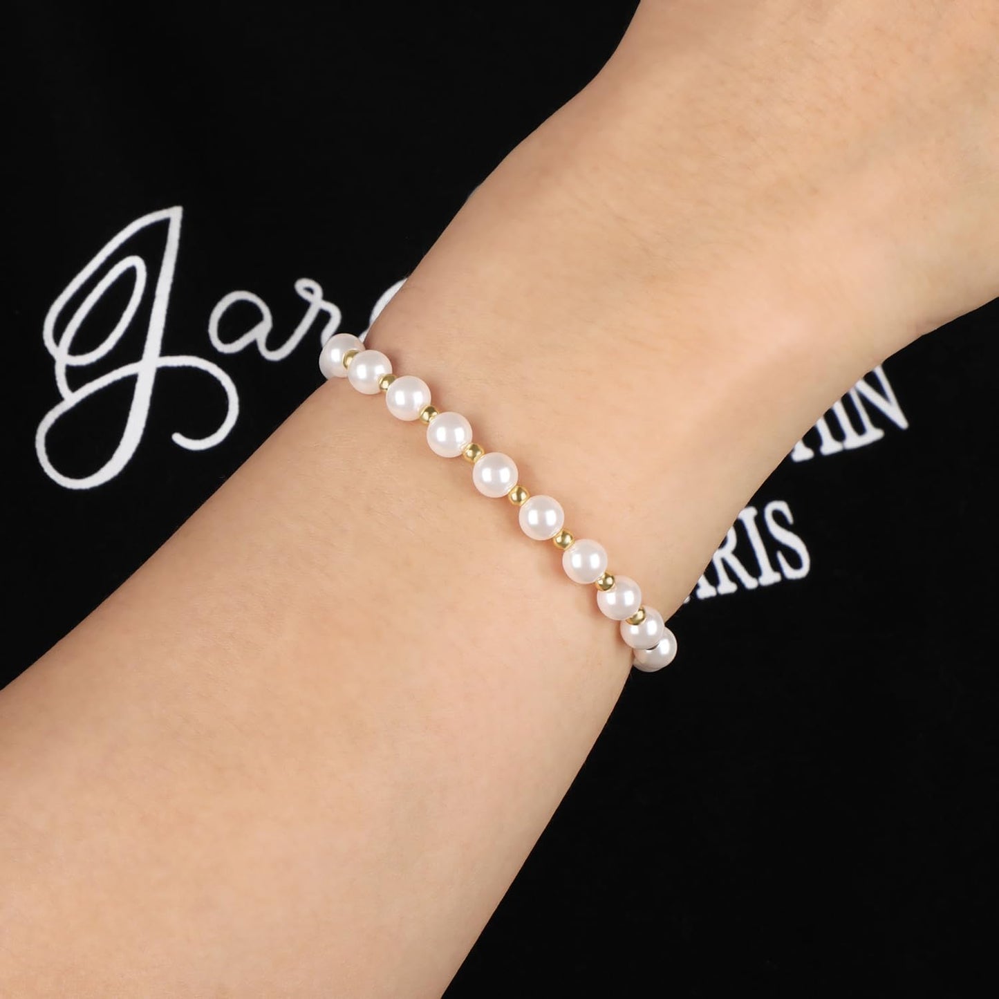 QOGIR Imitation Pearl - 14K Gold Plated Beads Gemstone Stretch Elastic Dainty Handmade Beaded Bracelets for Women Gifts 6mm