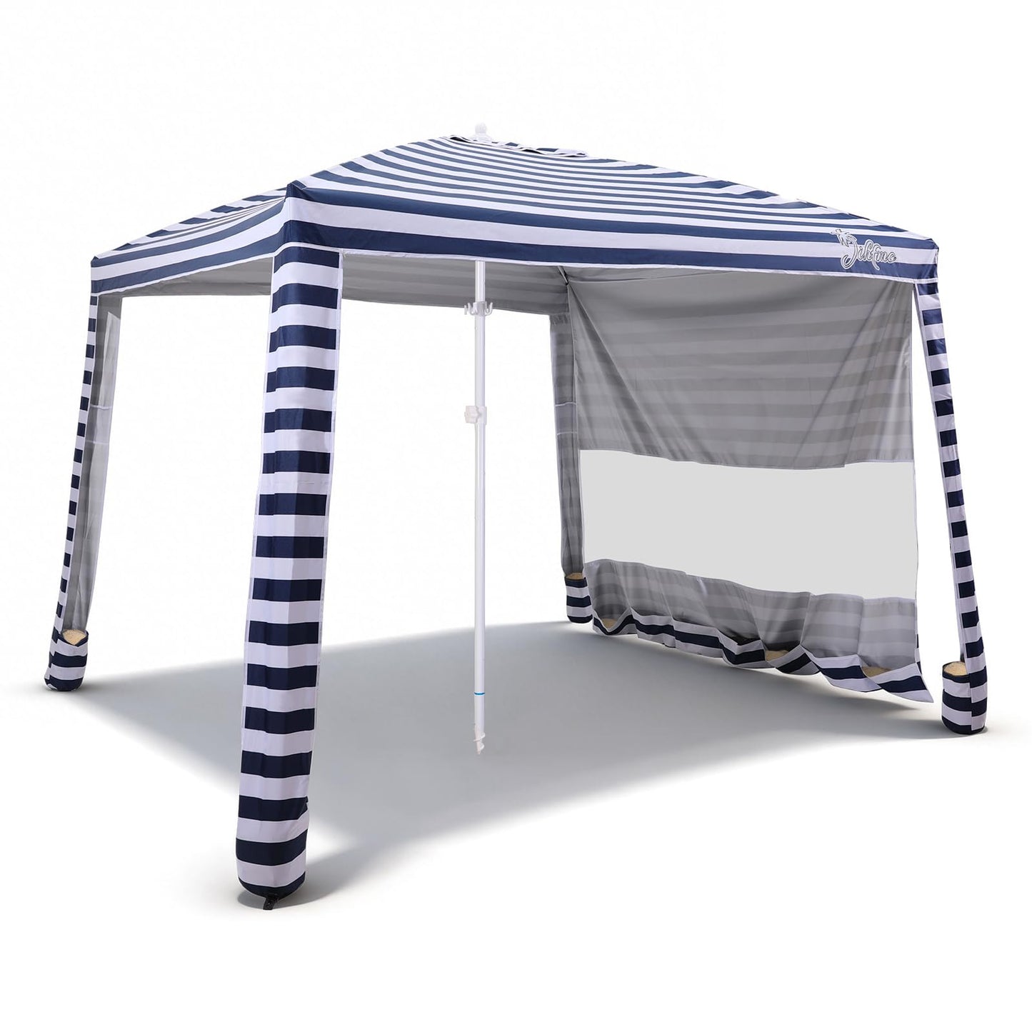 Jihfmo 8x8 Ft Large Beach Cabana Tent, UPF 100+ Windproof Sun Shelter for Family - 64 Sq Ft Big Shade Canopy with Sand Anchors & Cooling Silver Glue Coating, Easy Setup Portable Sunshade - Blue Stripe