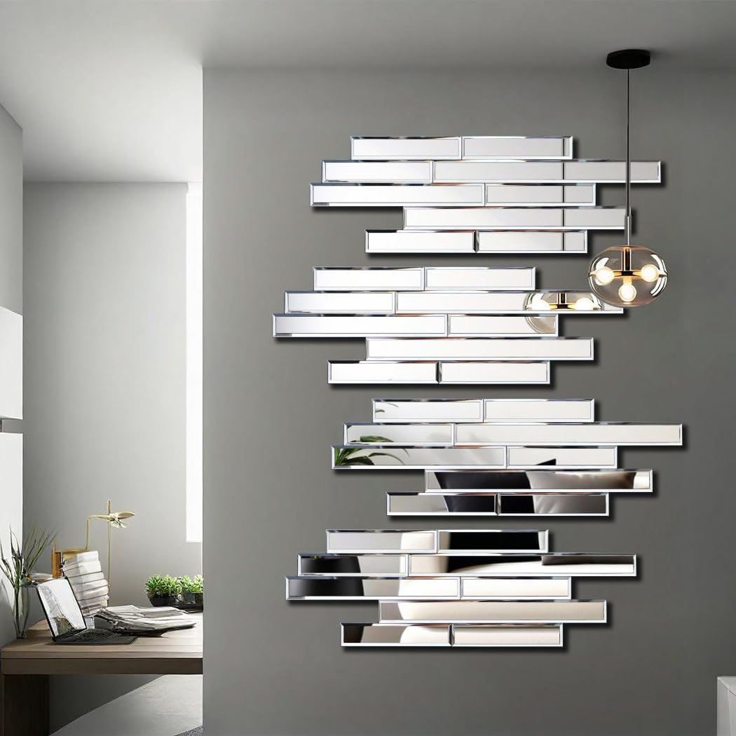 VOHJD Artisan Set of 4 Silver Beveled Wall Decor Mirrors - 24x8 Inch Each, Creative Combination Design for Modern & Farmhouse Home Decor, Shatter-Resistant Glass with Wood Backing