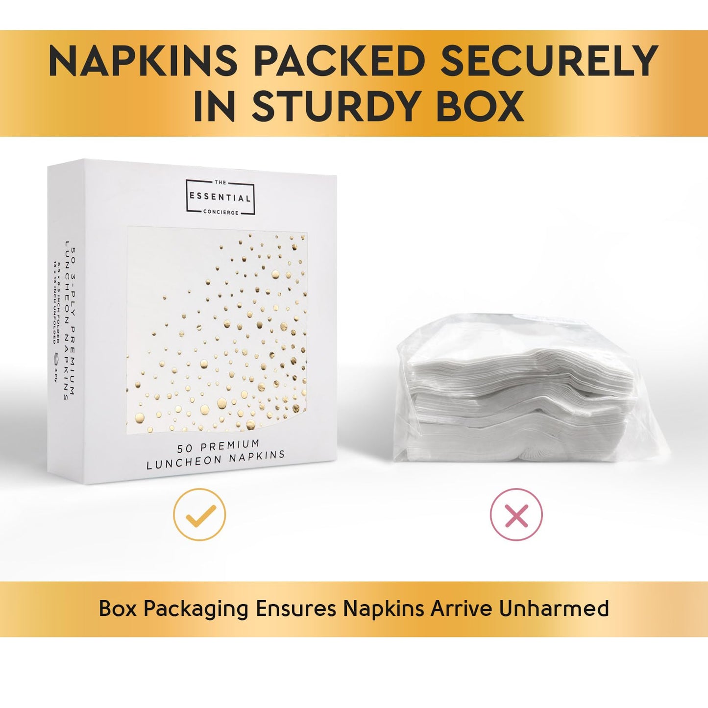 Stylish White and Gold Napkins for Party - 6.5 x 6.5 Inch Gold Lunch Napkins - 50 White&Gold Paper Napkins - 3-Ply Golds Luncheon Napkins - Wedding Napkins or Bridal Shower Napkins