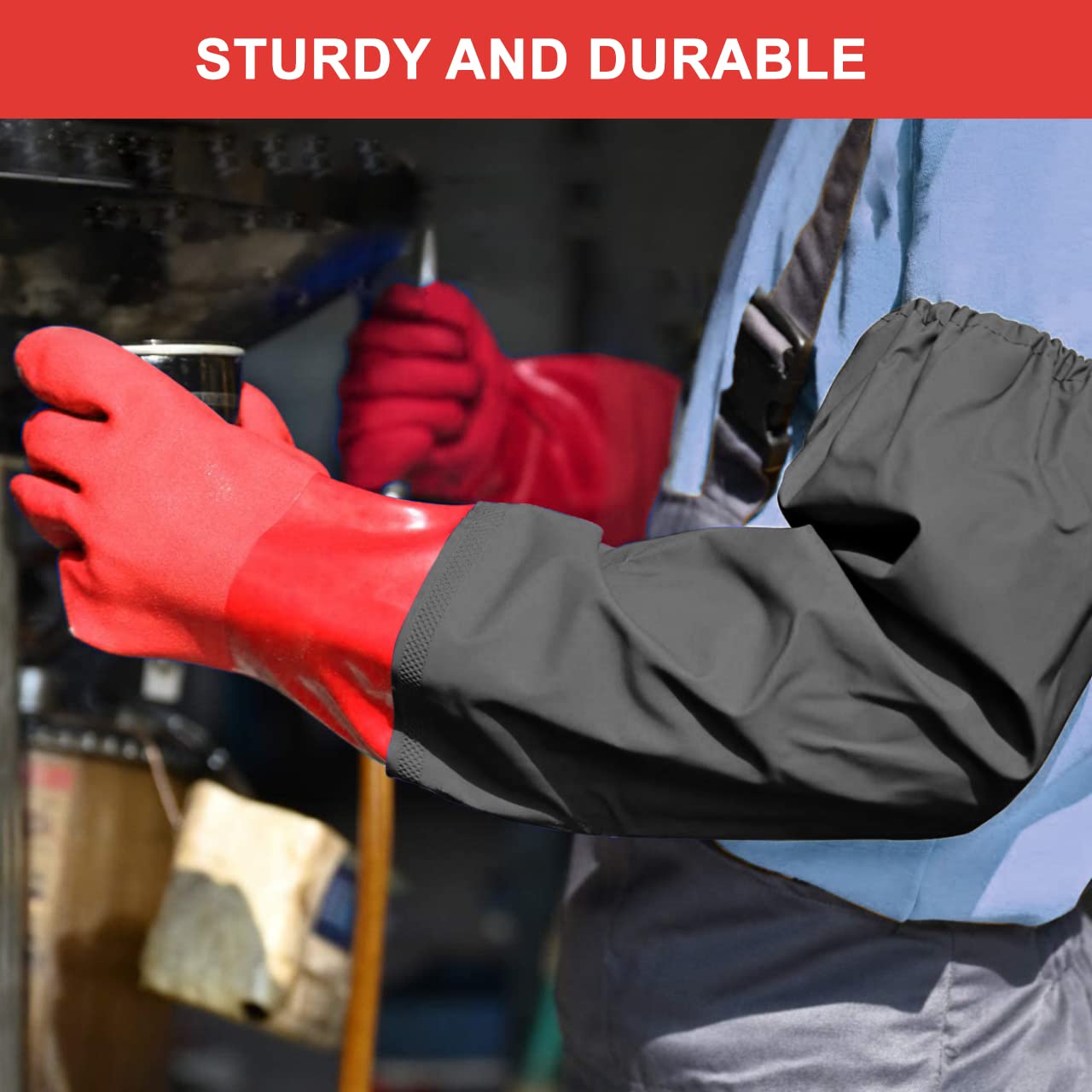Haiou Long Arm Waterproof Gloves - Red Rubber Gloves for Men and Women (25 inches, Large, Red)
