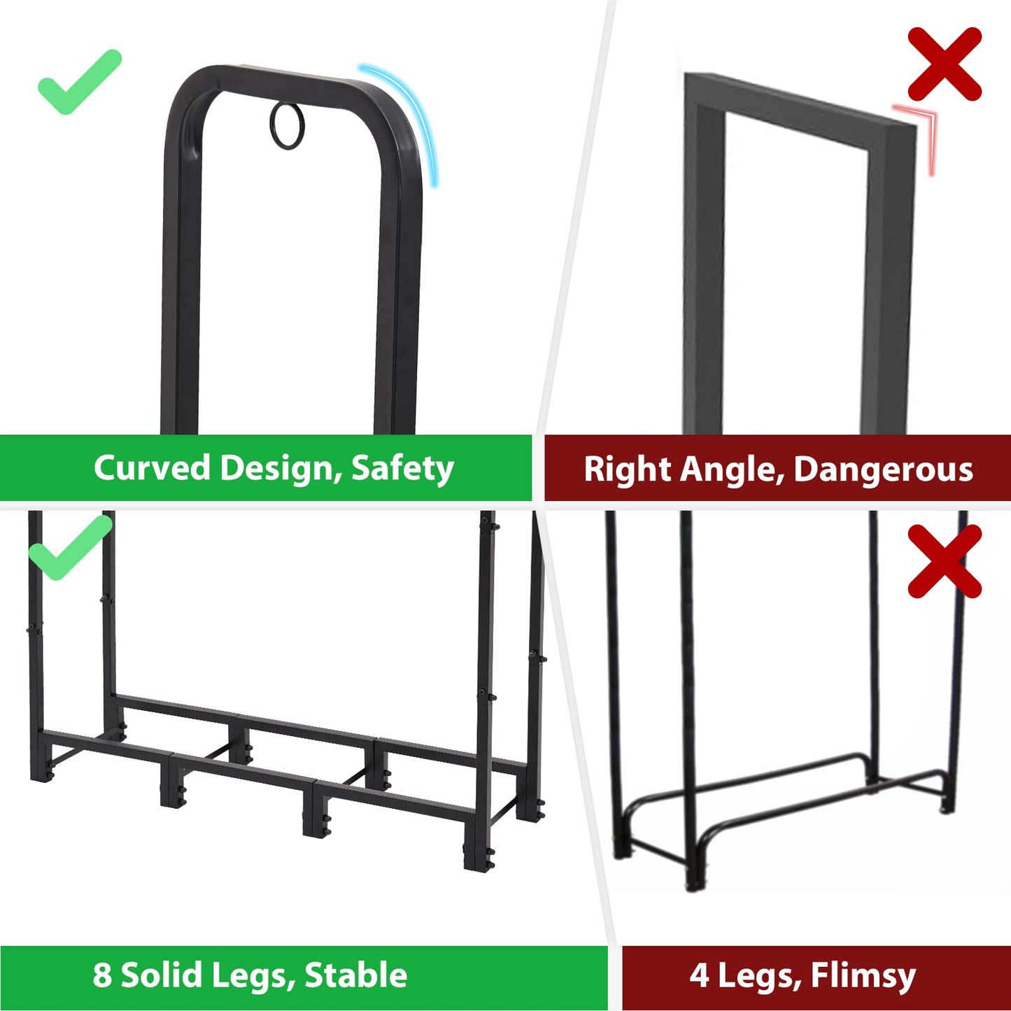 NEOCOZY 4FT Firewood Rack Outdoor with Cover, Heavy Duty Wood Holder with Log Carrier, Adjustable & Waterproof Log Holder Wood Storage Stand for Fireplace Patio Outdoor, Black