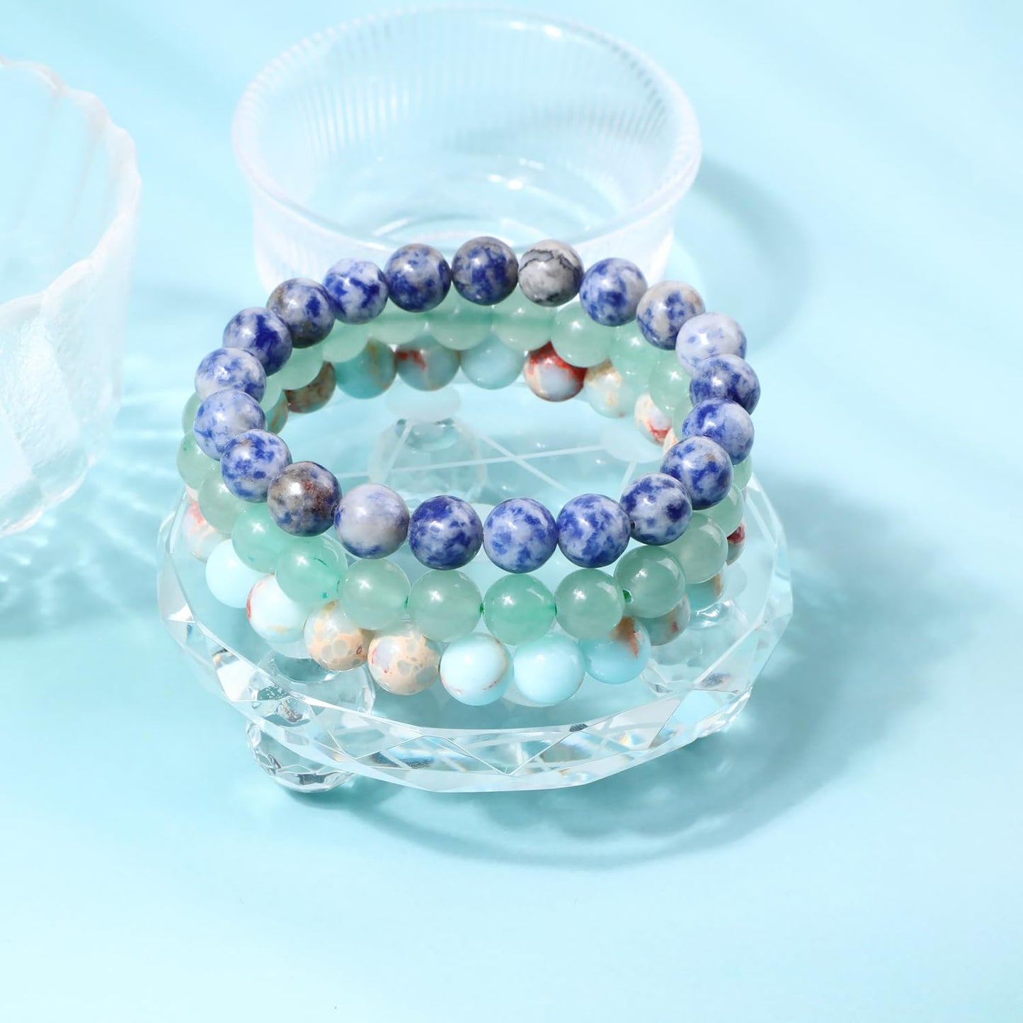 NCB 3-Piece 8mm Natural Crystal Gemstone Stretch Bracelets – ﻿Agalmatolite Jasper, Blue Spot, Green Aventurine Handmade Reiki Energy Healing Jewelry for Meditation,Yoga, Unisex