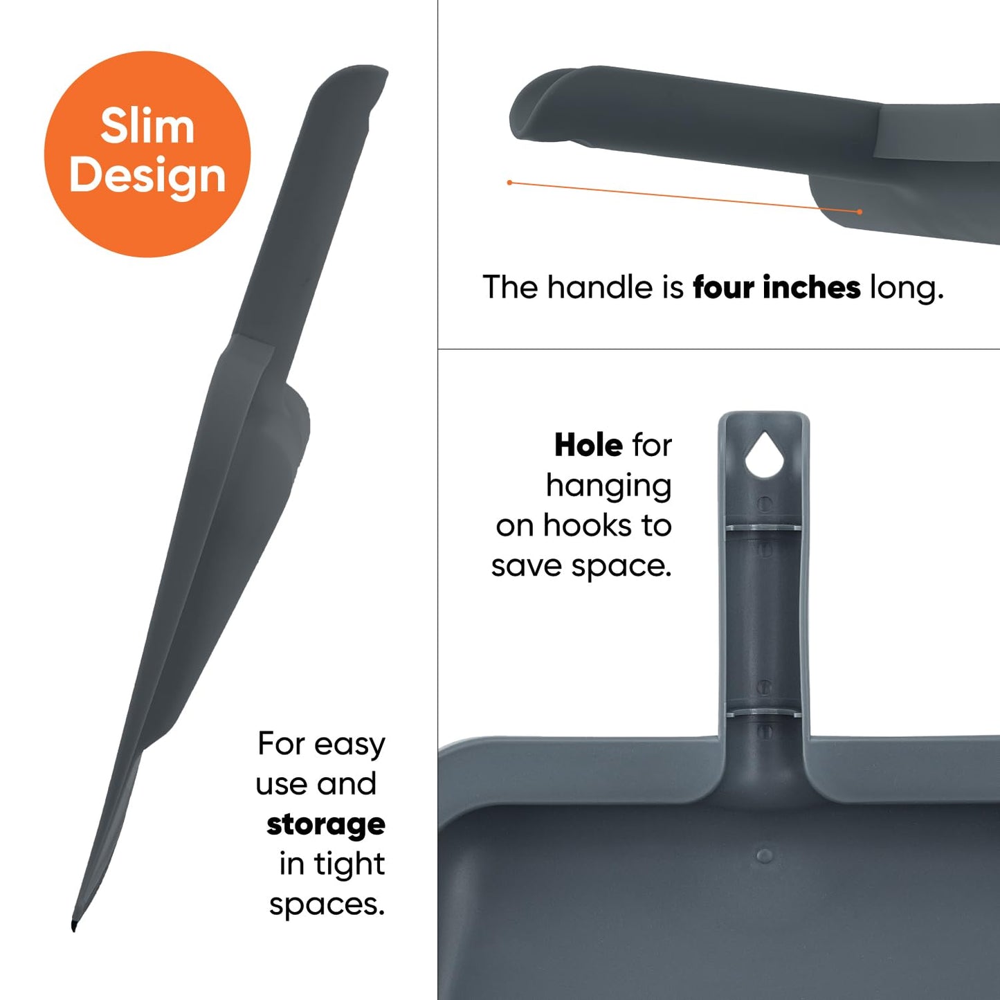 Superio Clip-On Dustpan with Rubber Lip - 10-inch Wide Durable Plastic Dust Pan with Comfort Grip Handle, 2-Pack (Grey)