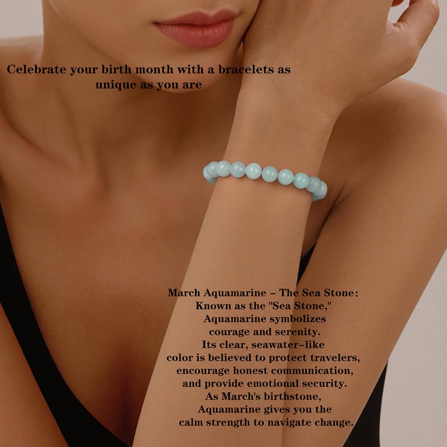 Naupyal March Birthstone Bracelet for Women Men,Aquamarine Natural Stone Beaded Bracelets,Healing Crystal Gemstones Stretch Bracelet Stress Relief Month Bracelet Birthday Jewelry Gifts