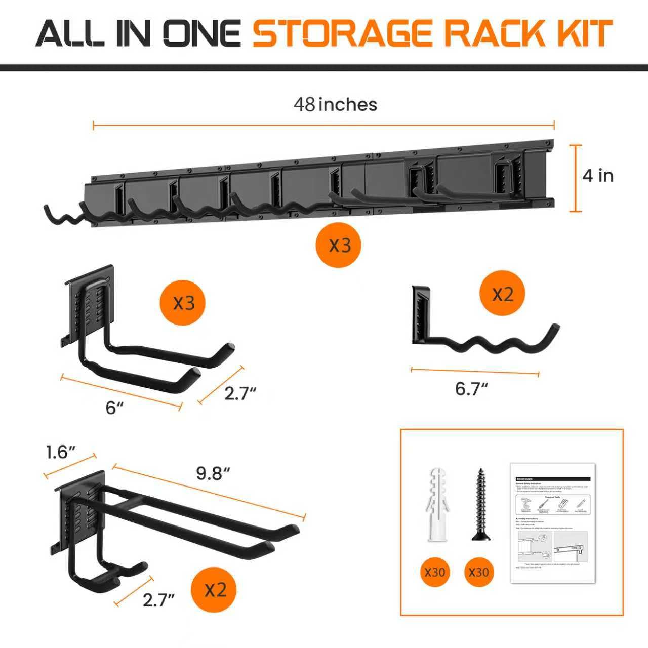 Evalote "48 Garage Tool Organizer Wall Mount - Heavy Duty 520lbs Metal Storage Rack, Easy Install Adjustable Hooks for Garden Tools Brooms