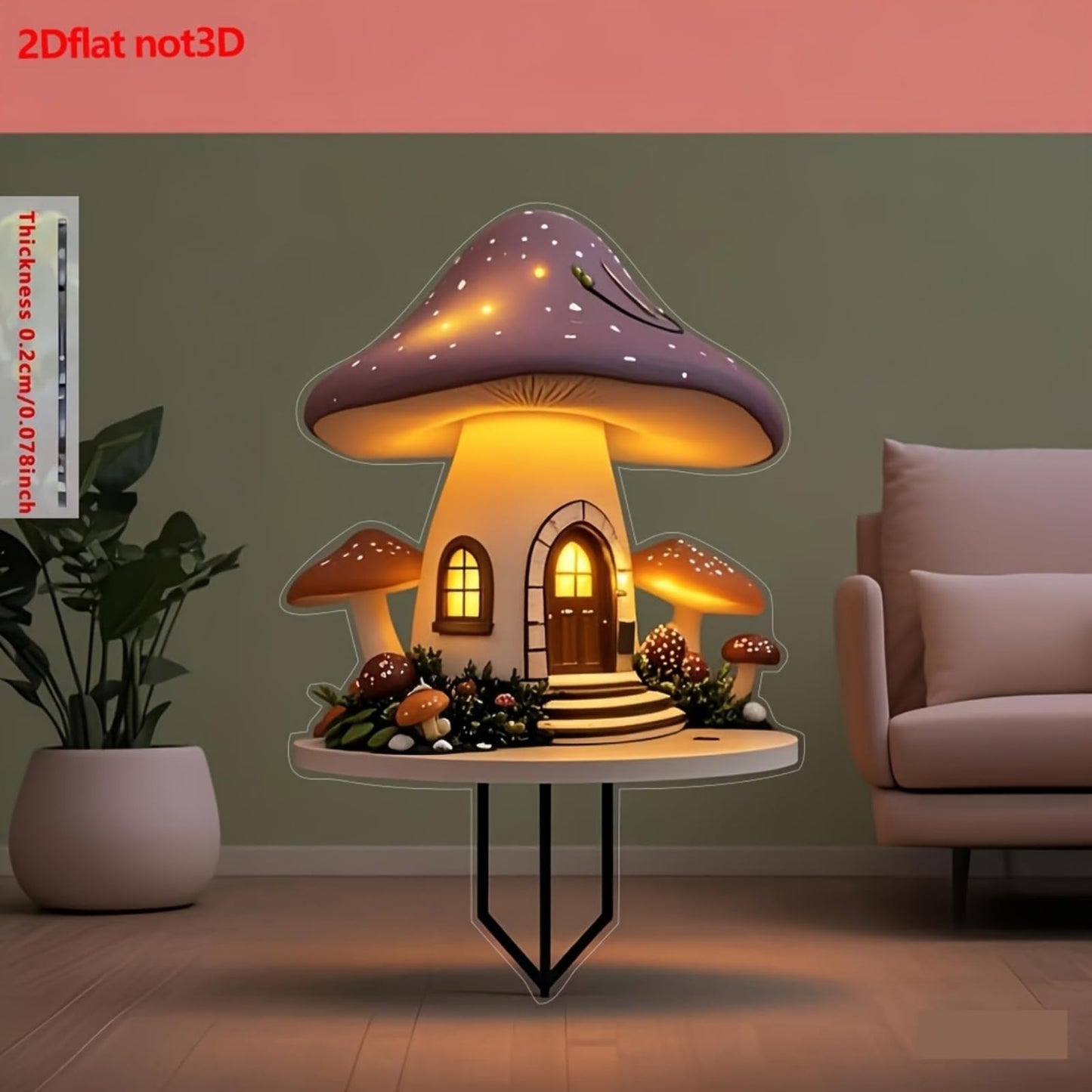 Mushroom Decor Stake - 2D Acrylic Flat Ornament for Gardens, Flower Pots, Flower Arrangements, Patio Planters