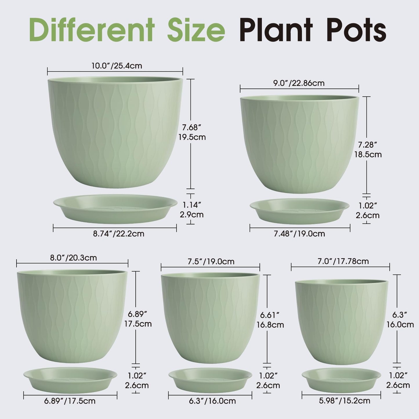 GARDIFE Plant Pots 10/9/8/7.5/7 Inch Plant Pots, Set of 5 Plastic Planters with Drainage Holes and Saucers,Plastic Flower Pots,Nursery Planting Pot for Indoor Out Door Plants (Green)