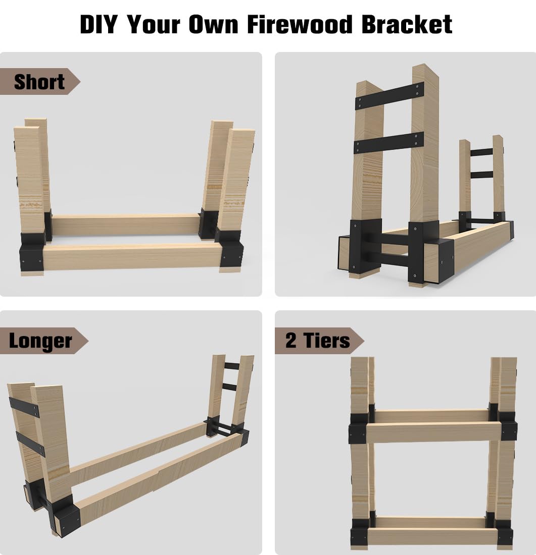 Fiwithy Outdoor Firewood Rack Bracket Kit with 4 Support Bars for Fire Wood Pile Storage, Heavy Duty DIY Fireplace Log Stacking Stand Holder for 2x4 lumber, Black, 1 Pair