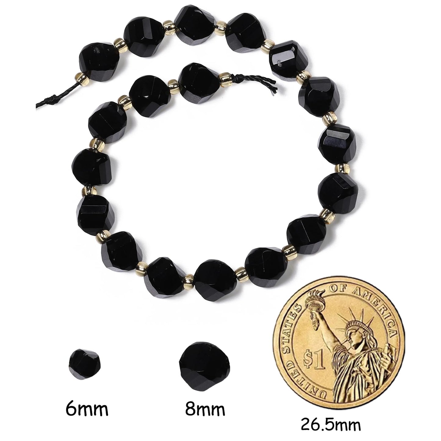 Yochus 42pcs Natural Black Tourmaline Stone Beads for Bracelet，2strands 6mm Facted Twist Loose Gemstone Beads for Jewelry Making DIY Craft Necklace Earring
