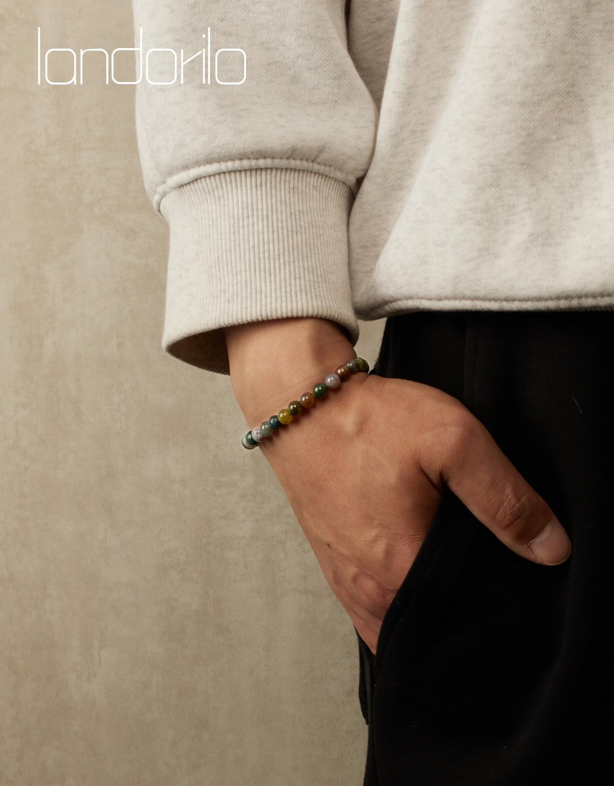 Landorilo Beaded Bracelet for Men Women, 6mm Natural Stone Indian Agate Healing Crystal Stretch Bracelets, Ideal Christmas Birthday Jewelry Gifts with Energy Card，Replacement Beads Included