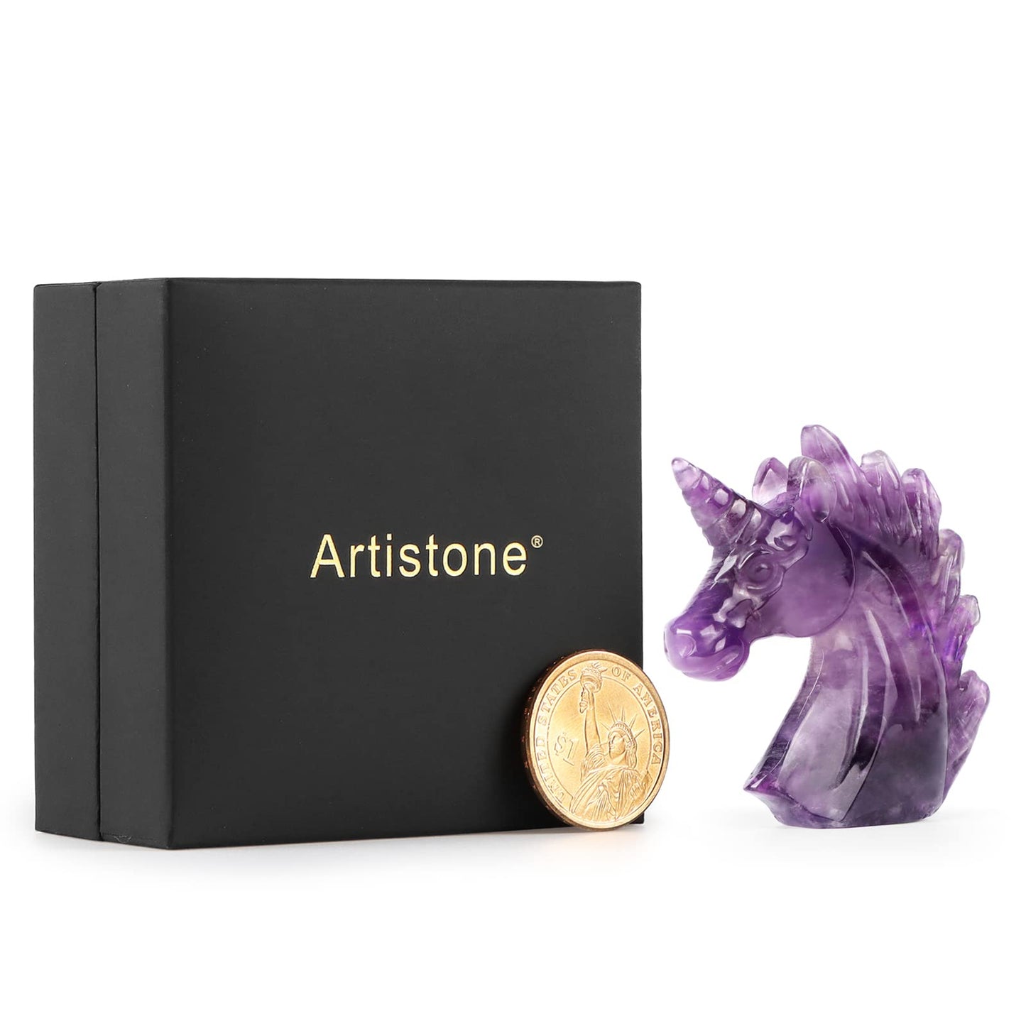 Artistone 3" Amethyst Crystal Unicorn Statue Hand Carved Gemstone Purple Unicorn Horse Stone Animal Carvings Collectible Figurine Reiki Meditation Desk Home Decor Gift