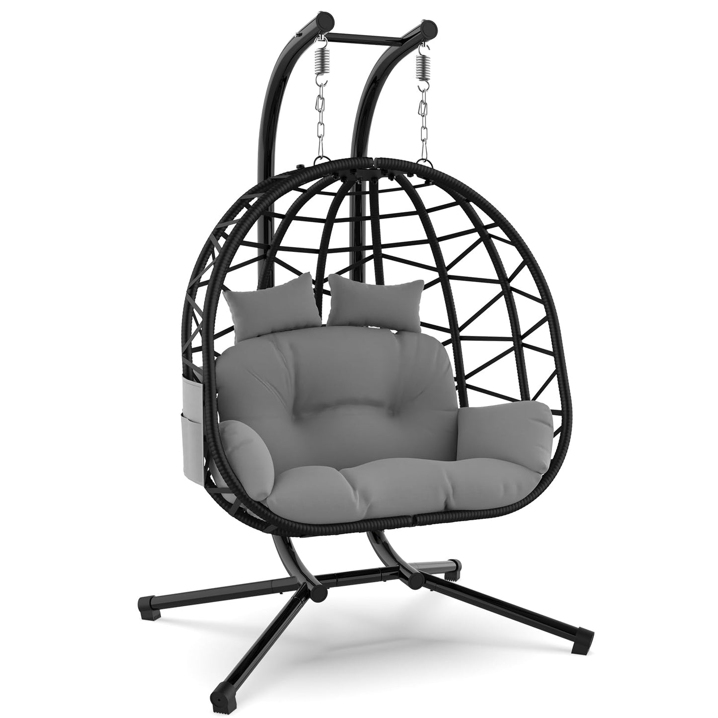 Suteck Double Hanging Egg Chair with Stand, Outdoor Indoor 2 Person Wicker Egg Swing Chair with Cushion, 700lbs Capacity for Patio, Bedroom, Garden - Black