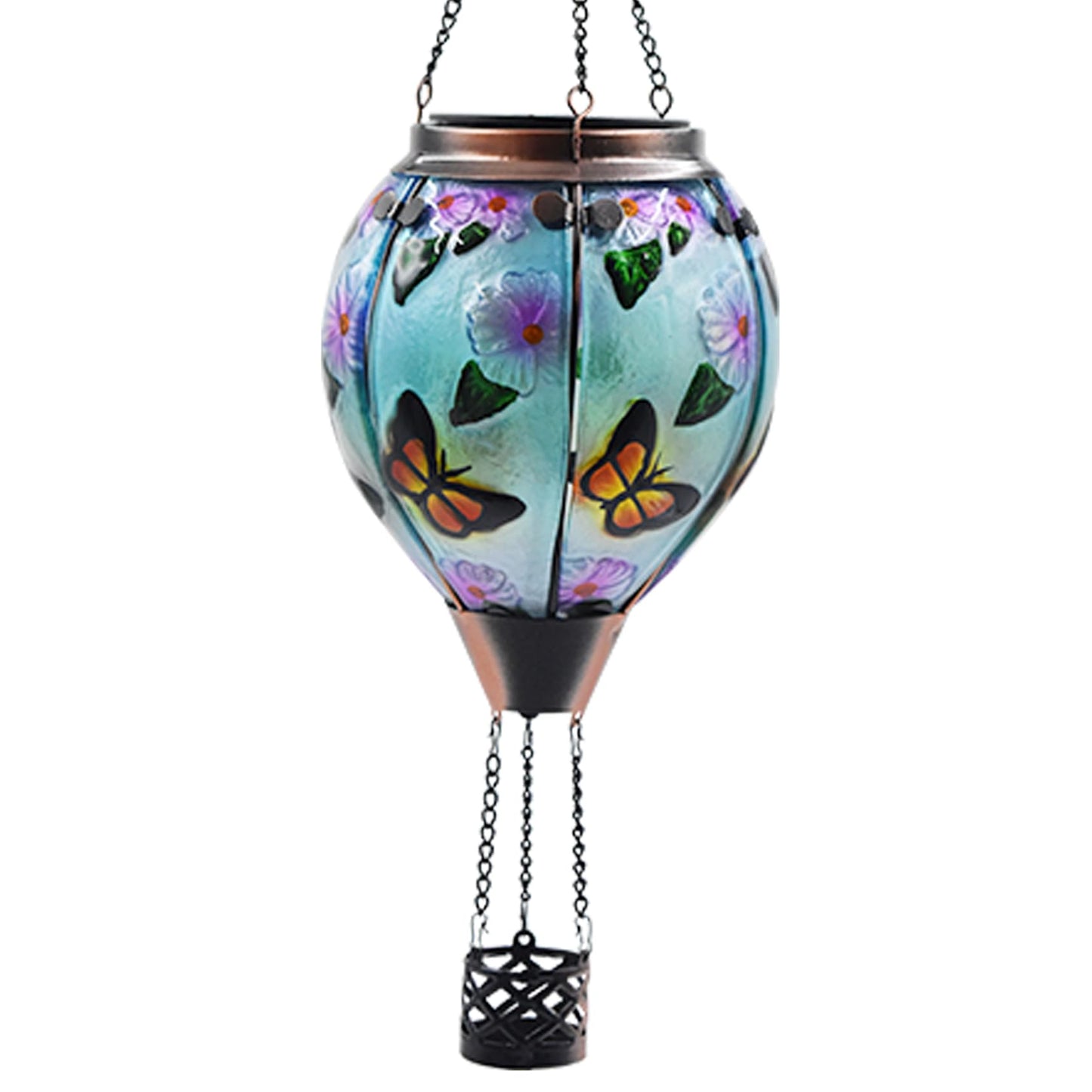 TEYIGARDEN Hot Air Balloon Solar Lantern with Flickering Flame, Glass Hanging Garden Lights Outdoor Waterproof for Tree Yard Patio Mother's Day Gift, 18" H Butterfly