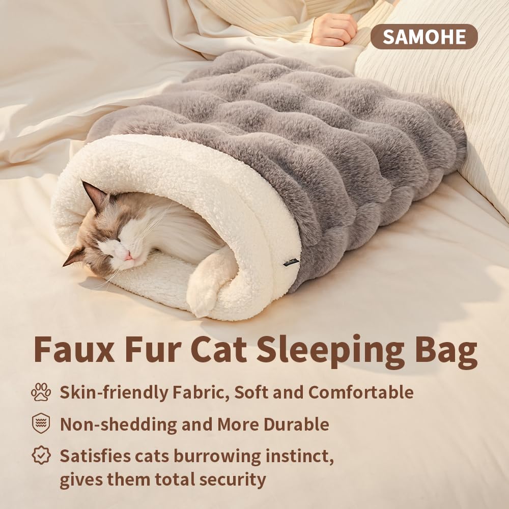 SOMAHE Self-Warming Cat Sleeping Bag, Enclosed Hooded Snuggle Sack with Dual-Side Plush Cat Cave Bed, Portable Foldable Pet Sleeping Pod for Indoor & Travel, Anti-Static, 21.7"x17.7"Pink