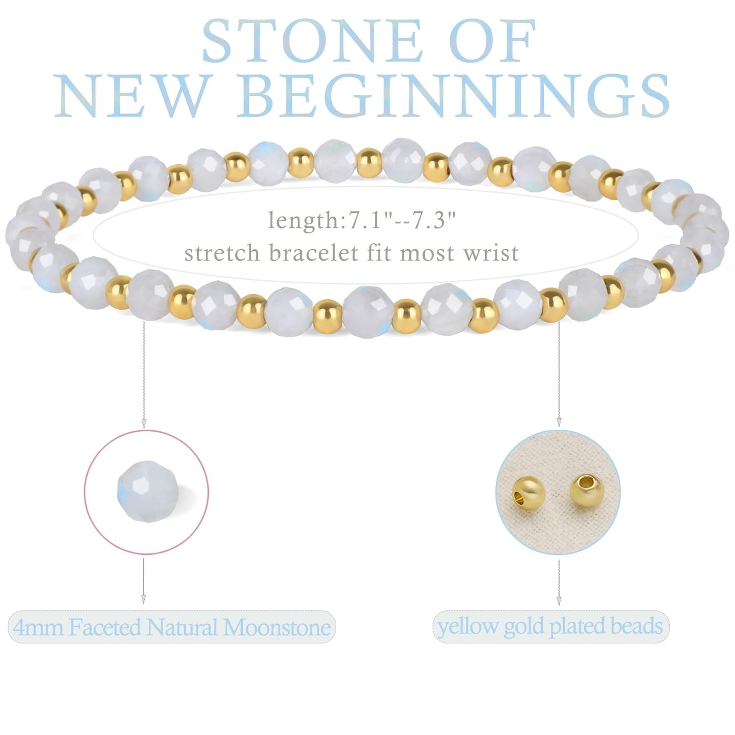 QOGIR Moonstone - New Beginnings - 14K Gold Plated Beads Natural Gemstone Stretch Elastic Dainty Healing Beaded Bracelets Gifts 4mm