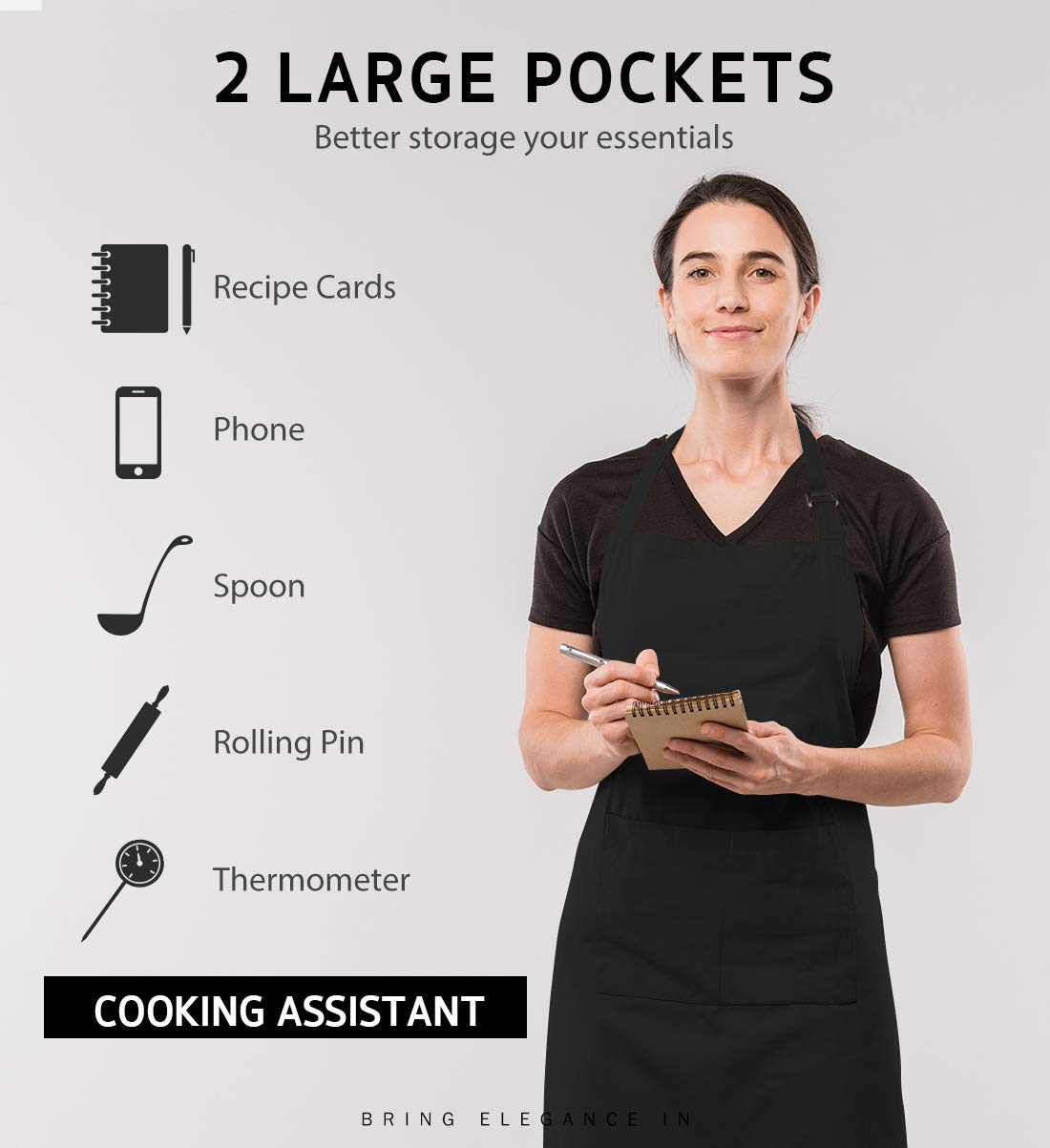 Syntus Adjustable Bib Apron with 2 Pockets Cooking Kitchen Aprons for Women Men Chef, Basic Black 2 Polyester