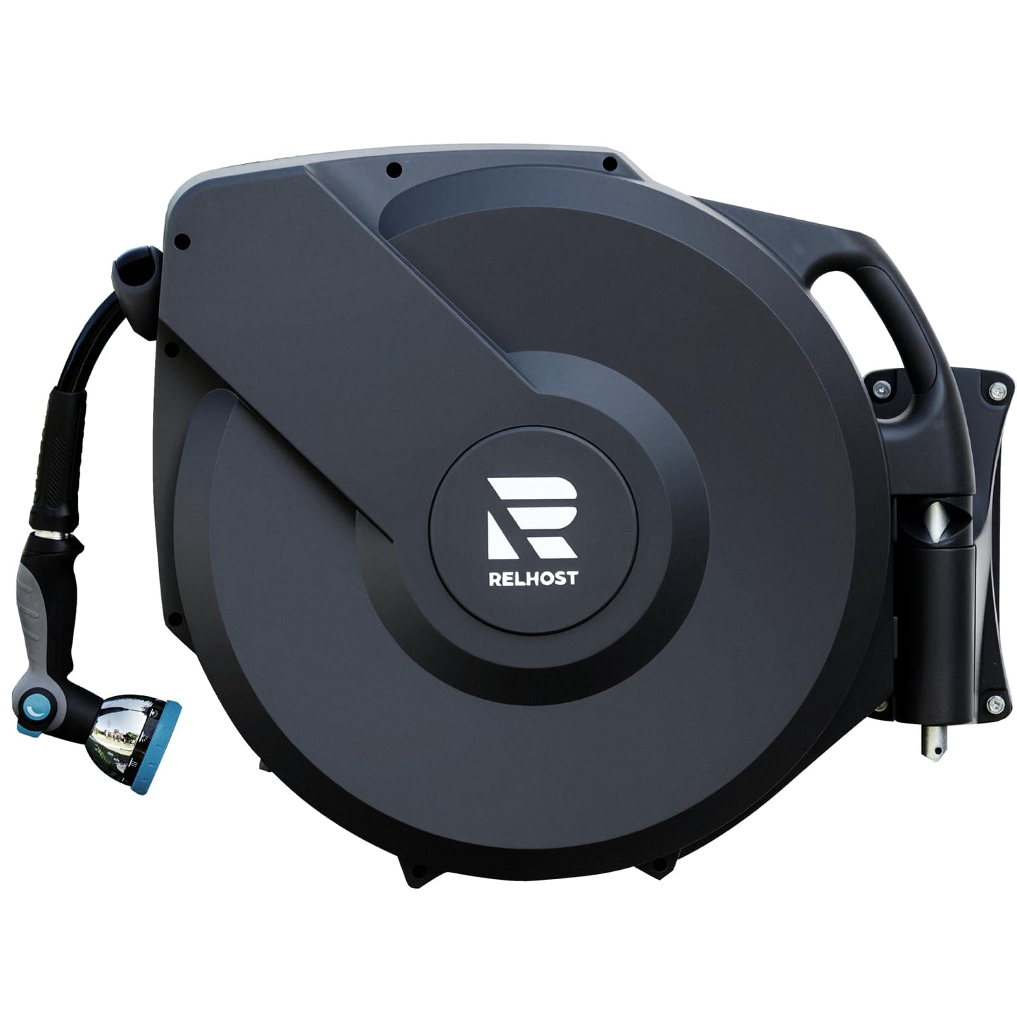 Relhost Retractable Garden Hose Reel, 1/2 in x 150 ft Wall Mount Heavy Duty Hose Reel with Any-Length Lock, Auto Rewind System, 180° Swivel Bracket, and 10-Pattern Nozzle for Garden, Dark Grey