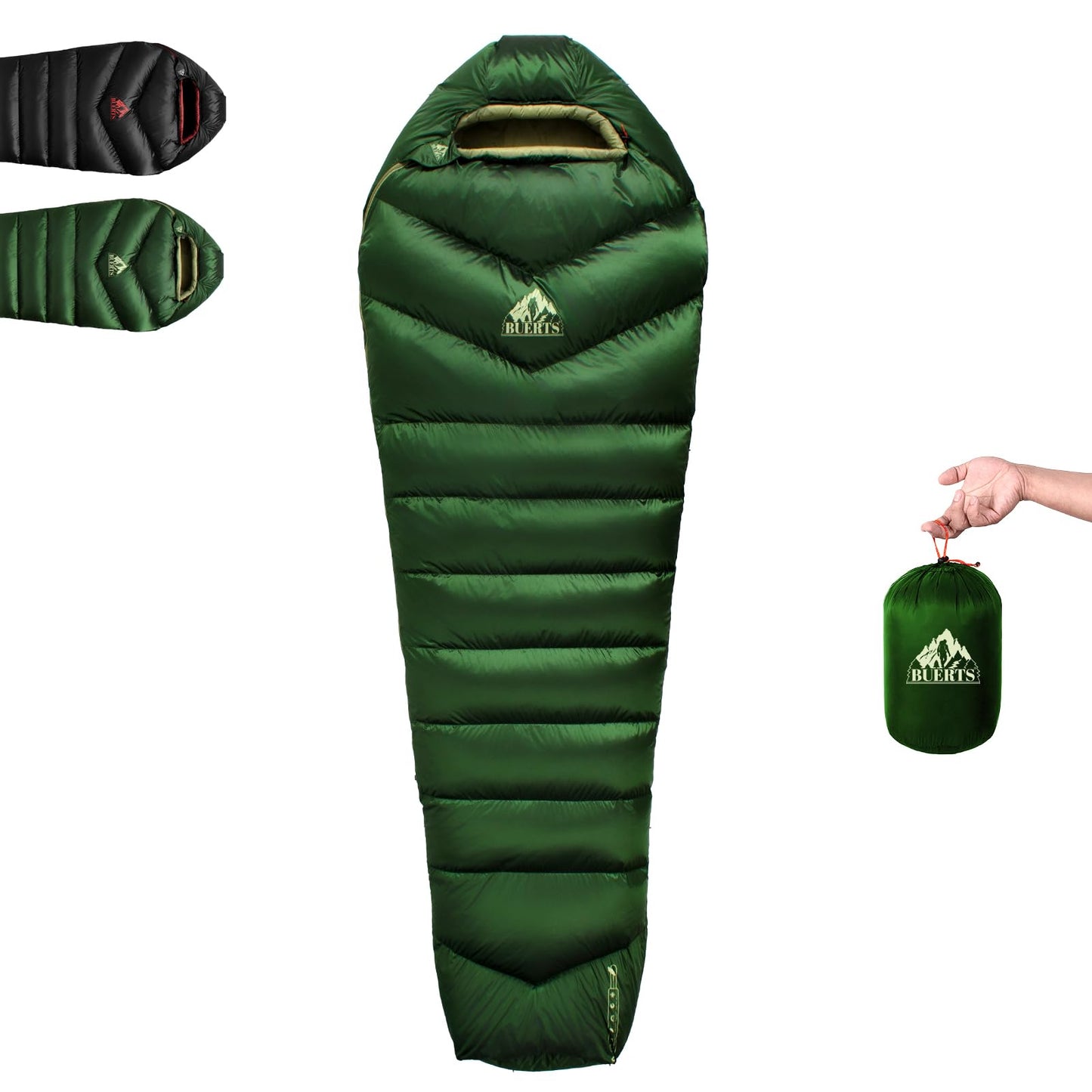 BUERTS Down Sleeping Bag for Adult Backpacking Trips, 620FP, Cold Weather Sleeping Bag, 20°F, 40°F, 60°F. Mummy-Style for Hiking, Camping, and Mountaineering. Compact .(44℉ to 60℉, Green)