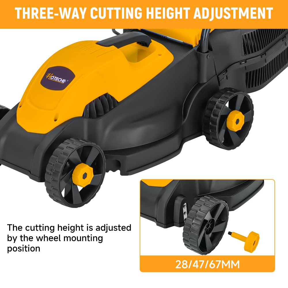 Hoteche 10-Amp Corded Electric Lawn Mower - 12.6 Inch Cutting Width, 30L Grass Bag, 3 Height Adjustments (1"-2.2"), Lightweight Walk-Behind Mower for Small/Medium Lawns (Easy Push Design)